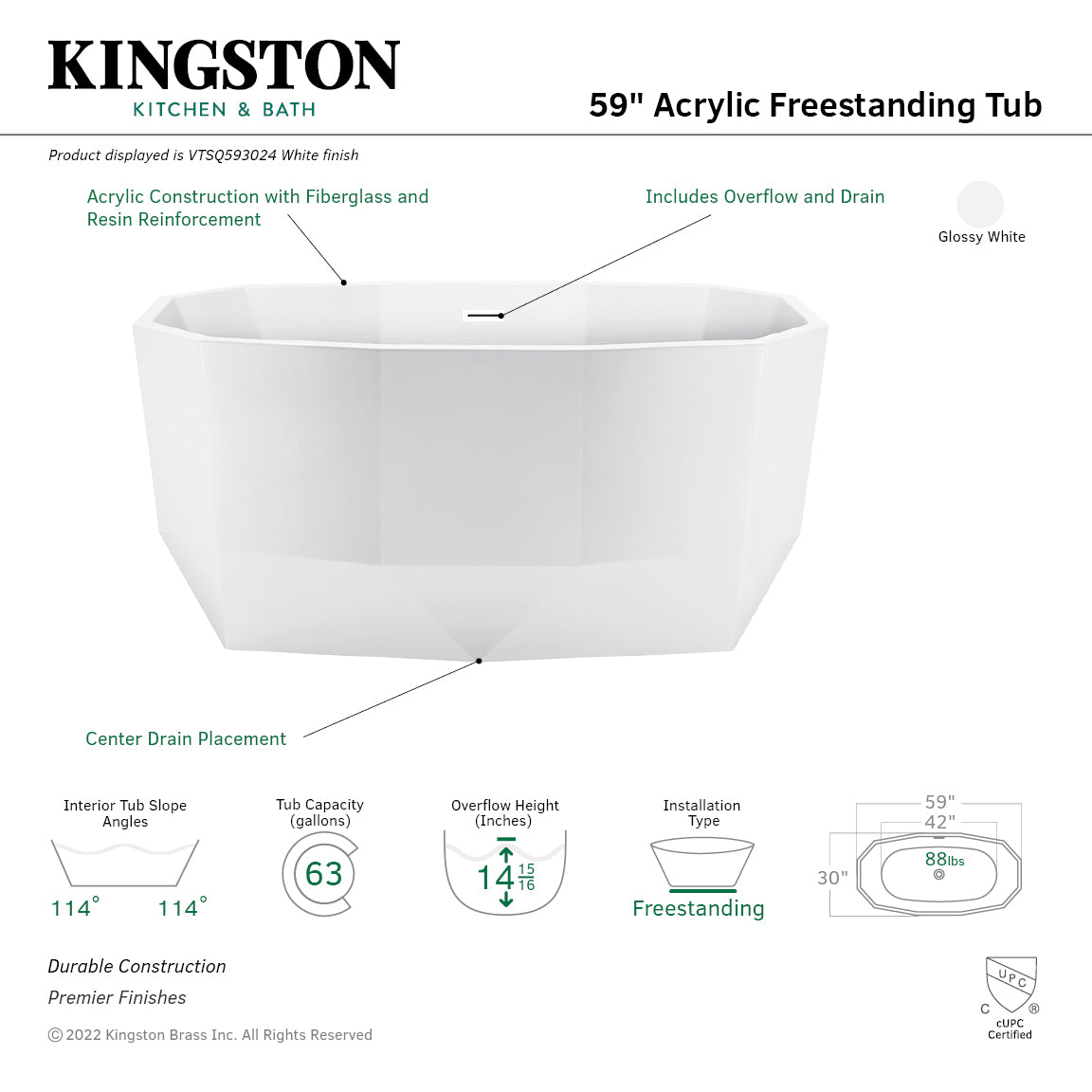 Aqua Eden VTSQ593024 59-Inch Glossy White Acrylic Oval Freestanding Bathtub with Drain - Perfect for Luxury Bathrooms & Spa Retreats