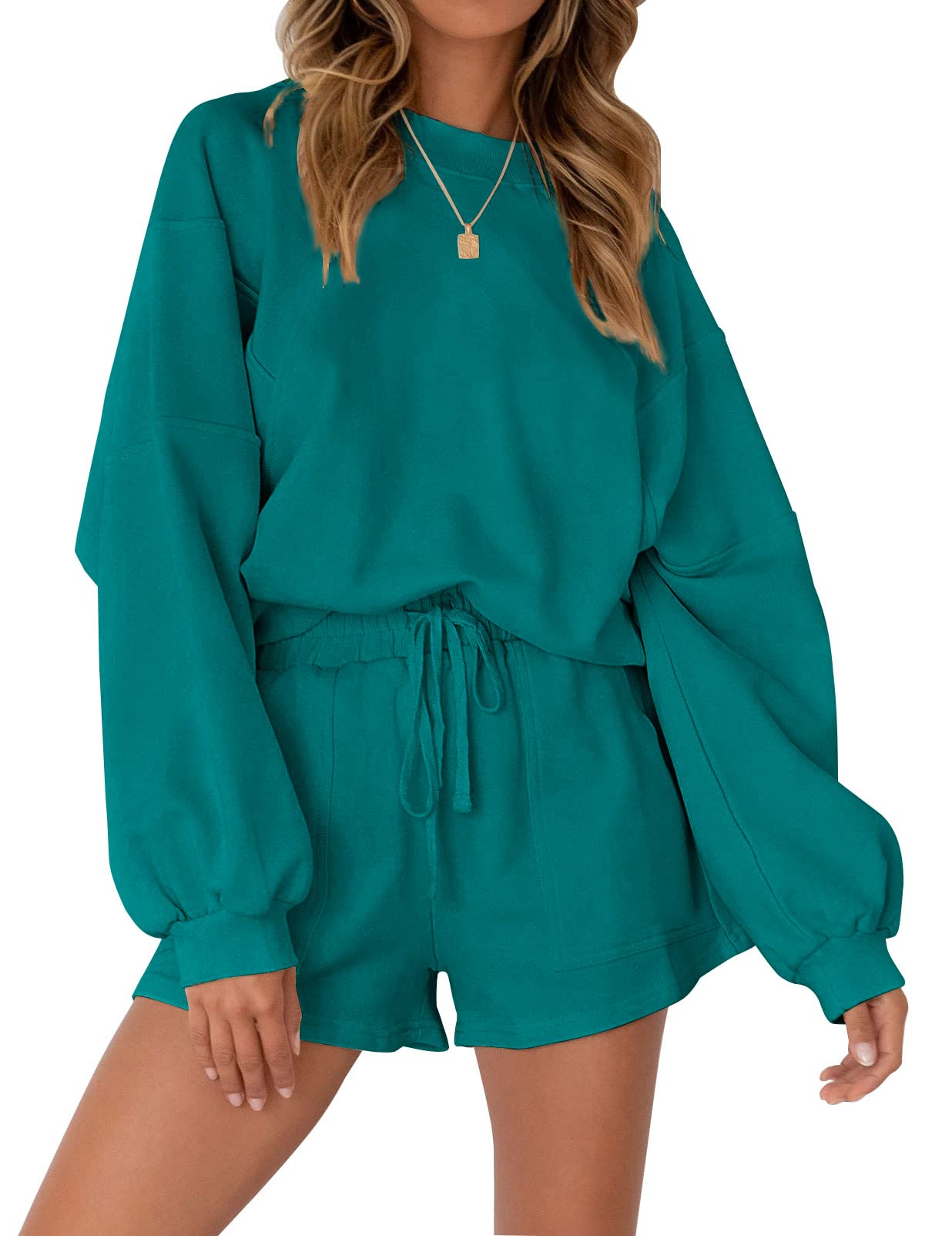 MEROKEETY Women's Oversized Batwing Sleeve Lounge Set - Casual 2-Piece Sweatsuit with Top & Shorts | Comfortable Loungewear for Home, Yoga, and Relaxation