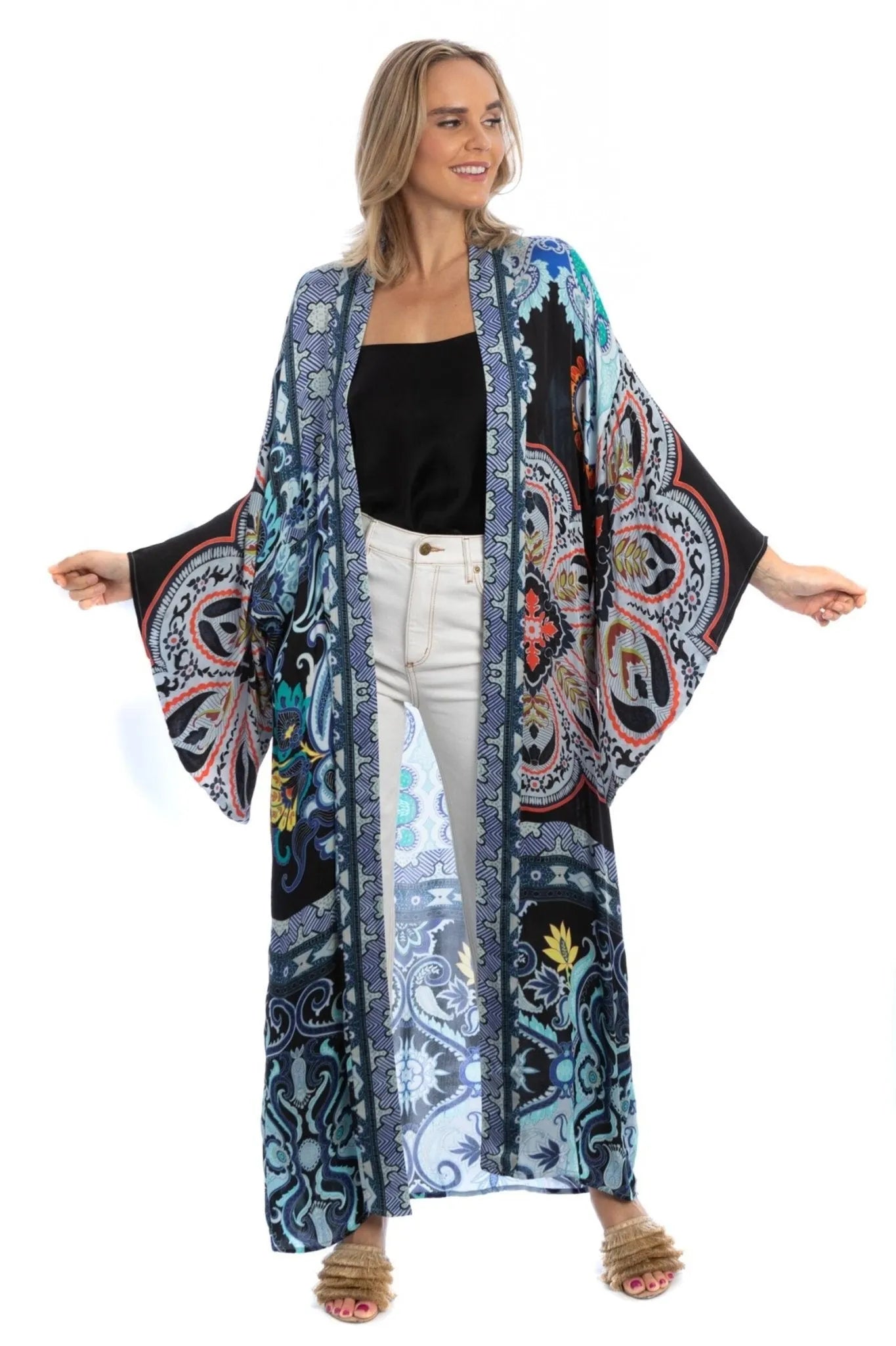 Bohemian Paisley Printed Kimono Robe - Floral Long Sleeve Cover Up for Women - Perfect for Beach, Pool, or Lounge Wear