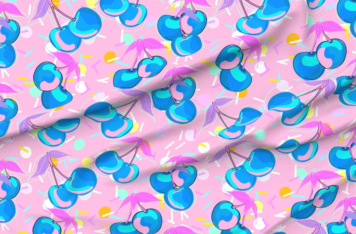 Cartoon Cherries Printed Organic Cotton Sateen Fabric by The Yard - Bright Pink Blue Neon Design for Sewing, Quilting, Apparel & Home Decor | Perfect for DIY Dresses, Curtains, Pillows & Craft Projects