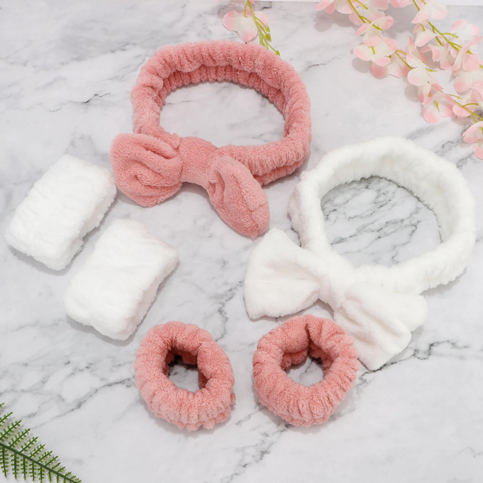 Canitor Spa Headband & Wristband Set - Soft Skincare Headband for Washing Face, Makeup Headband with Absorbent Wrist Towels - Trendy Preppy Teen Girl Gifts (White+Pink) | Perfect for Facial Care, Spa Days & Skincare Routines