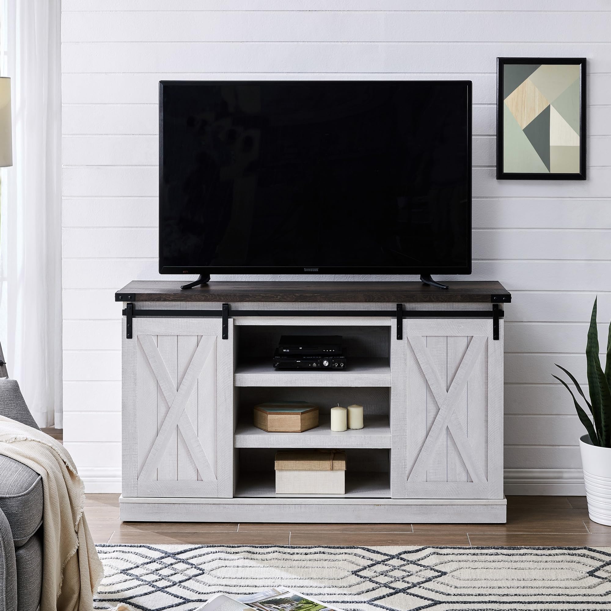 65 Inch Rustic Farmhouse Sliding Barn Door TV Stand - Wood Media Console with Storage Cabinet, Entertainment Center for Living Room, Bedroom, Ranch Style Home Decor