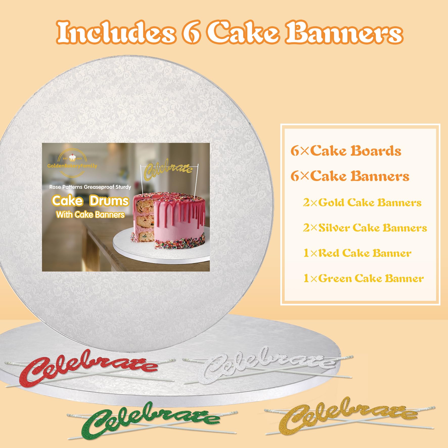 8 Inch Round White Cake Drums with Banner Topper - 6-Pack 1/2 Inch Thick Greaseproof Cake Boards for Birthday, Wedding & Tiered Cakes | Sturdy Cake Base by GoldenBakeryFamily | Perfect for Professional Baking, Party Desserts & Cake Decorating