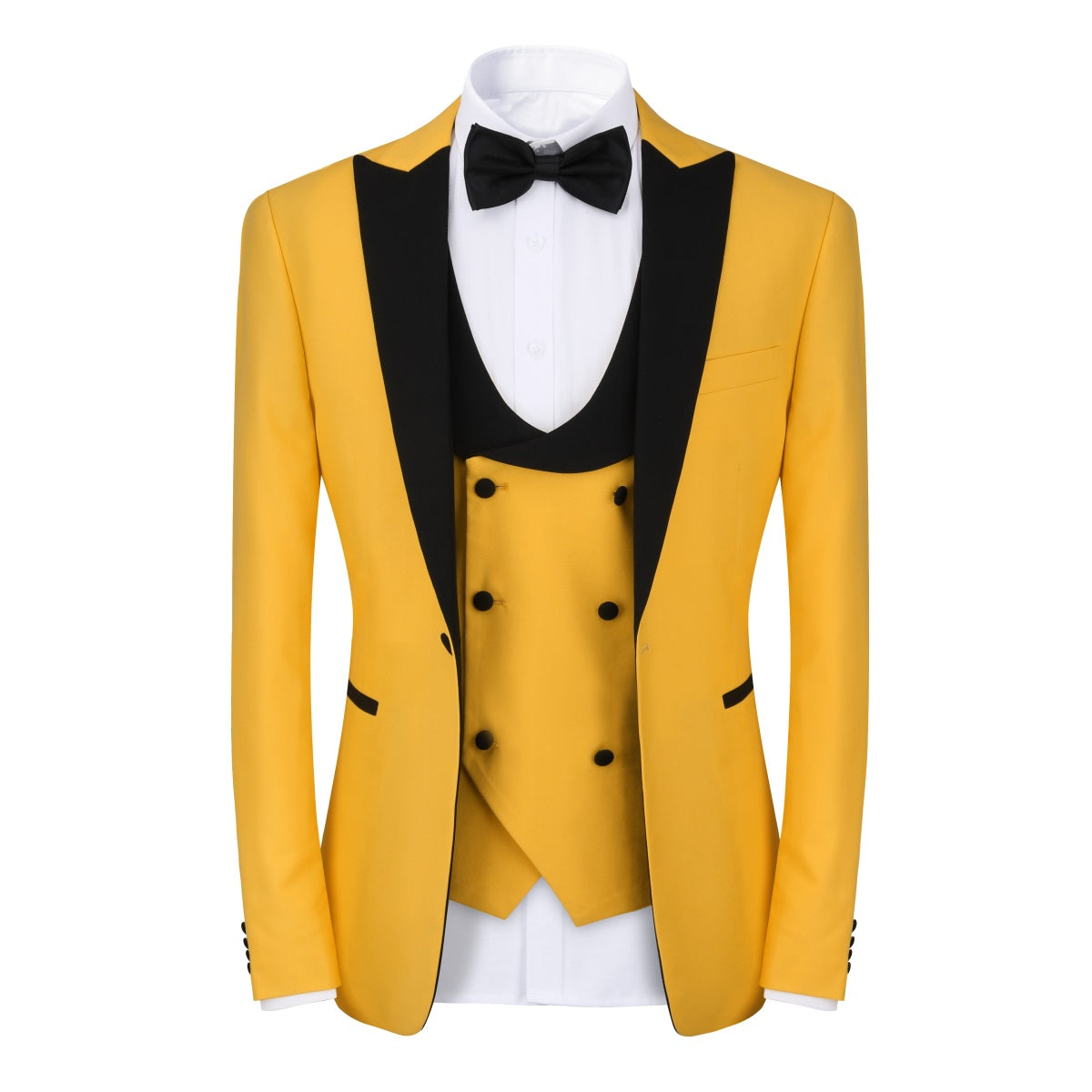 3 Piece Men's Slim Fit One Button Peaked Lapel Tuxedo Suit Set in Yellow | Formal Wedding, Prom & Business Attire | Perfect for Groomsmen, Evening Events & Special Occasions