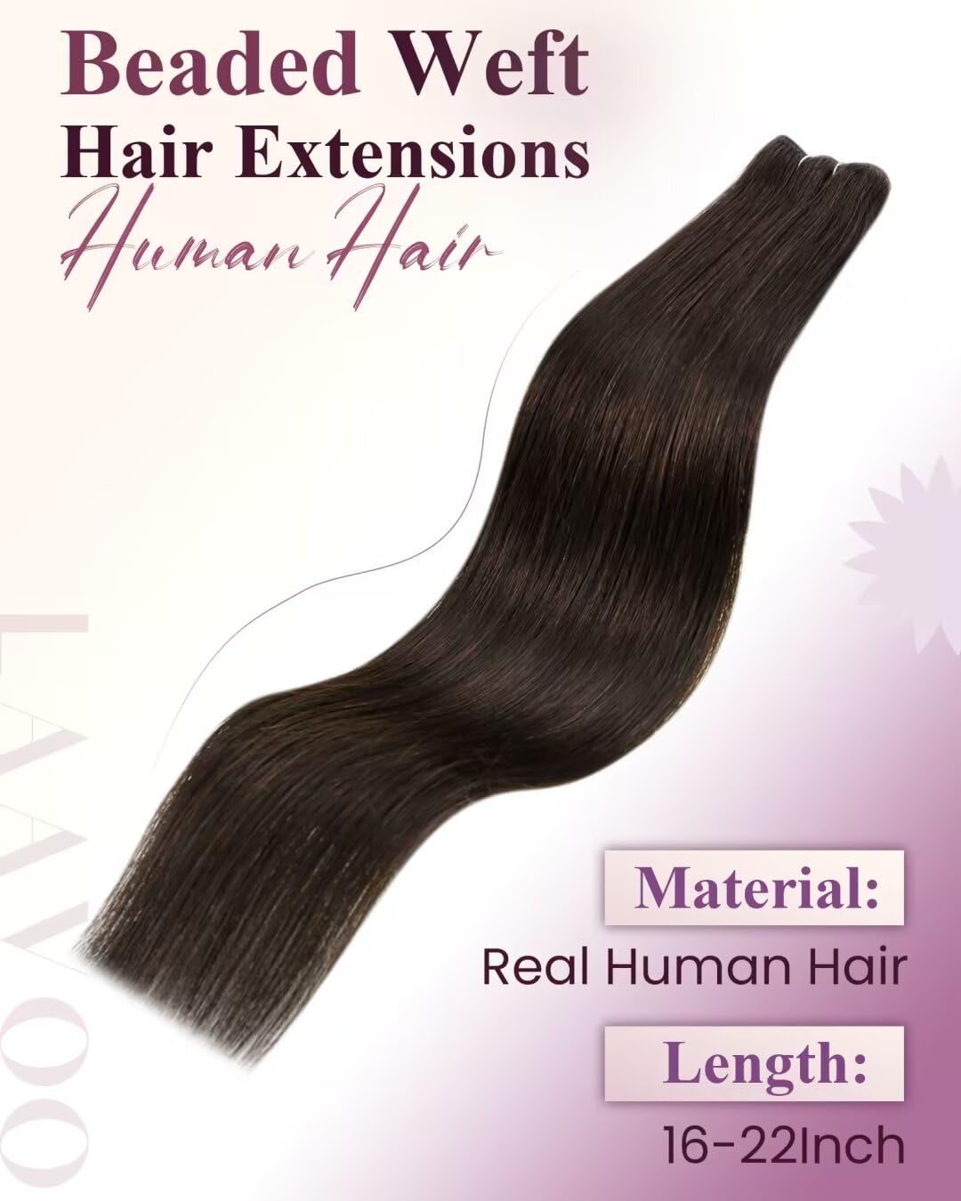 LaaVoo 20inch Brown Beaded Weft Hair Extensions - 50g Real Human Hair for Natural Volume & Length | Perfect for Daily Styling, Weddings & Special Occasions