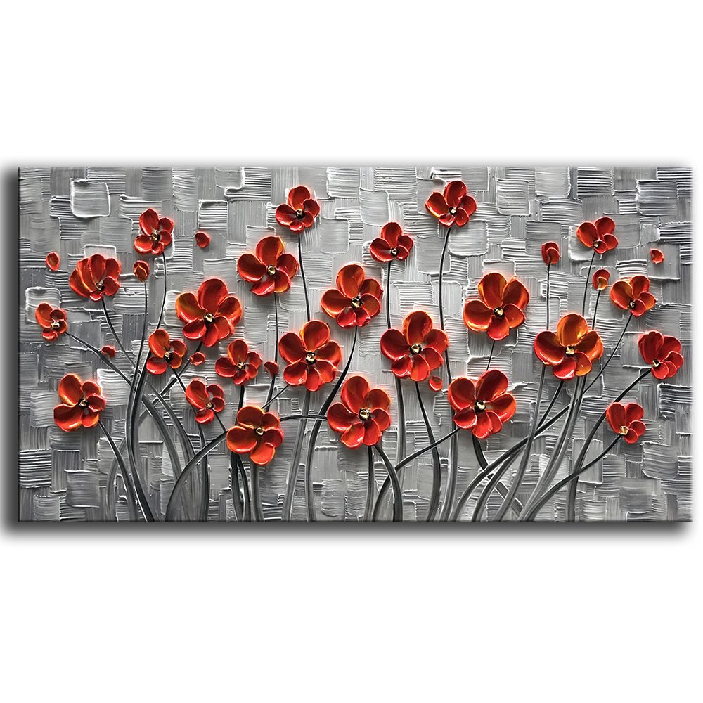 YaSheng Art - Hand-Painted 3D Oil Painting on Canvas, Red Flowers Modern Abstract Artwork, Stretched and Framed Ready to Hang (24x48 Inch) - Perfect for Living Room, Bedroom, Office & Home Decor Wall Art