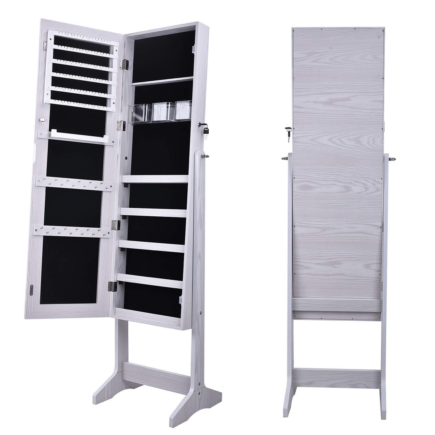Soges Furniture Lockable Floor Standing Wooden Jewelry Cabinet with Mirror - Armoire Wardrobe Storage Organizer for Bedroom & Closet (White) - Perfect for Jewelry, Watch, and Accessory Organization