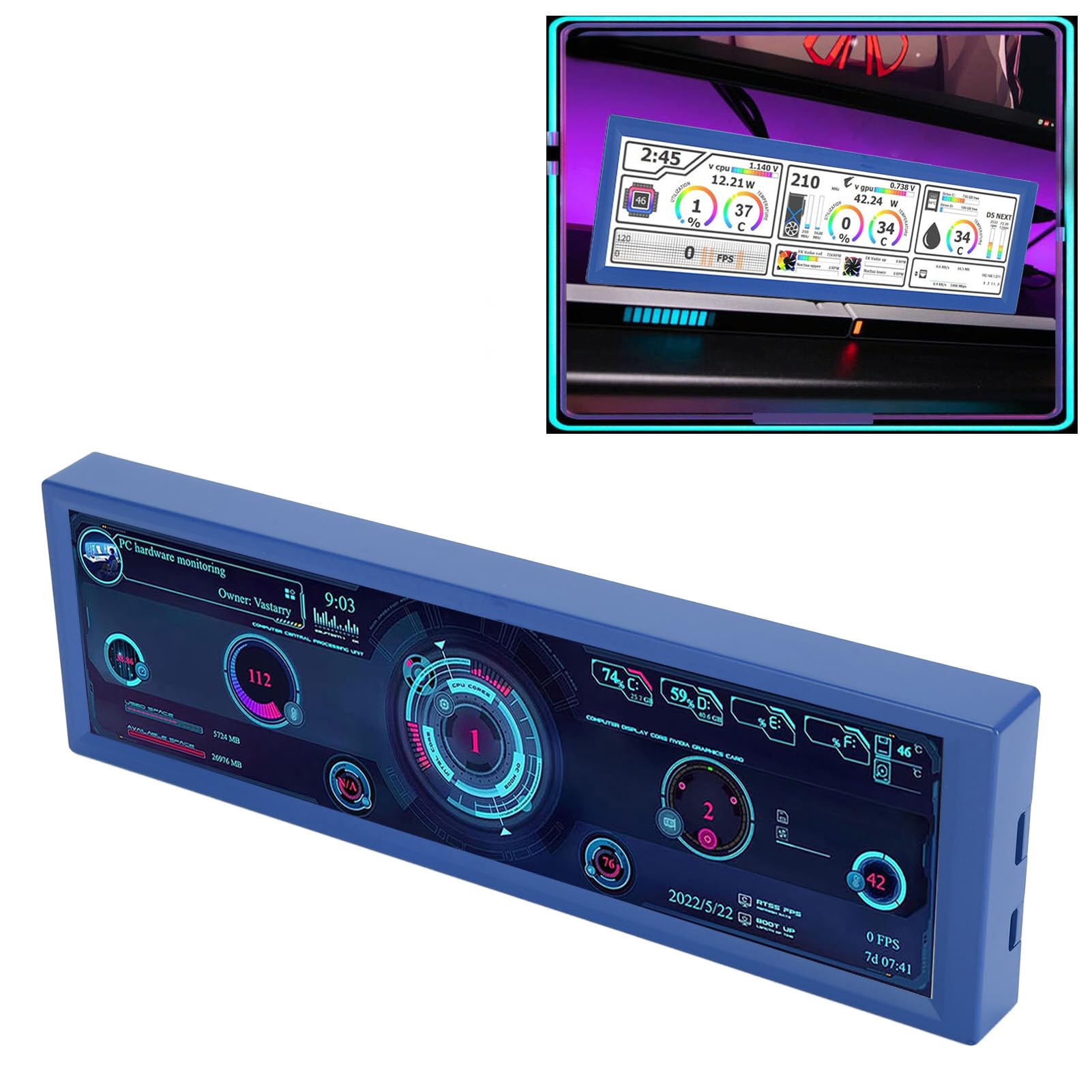 Mini PC Temperature Display Panel - Touch Screen Monitor for Dash Navigation & System Monitoring (Blue) | Ideal for Car Dashboard, Gaming PC, and Home Office Setup