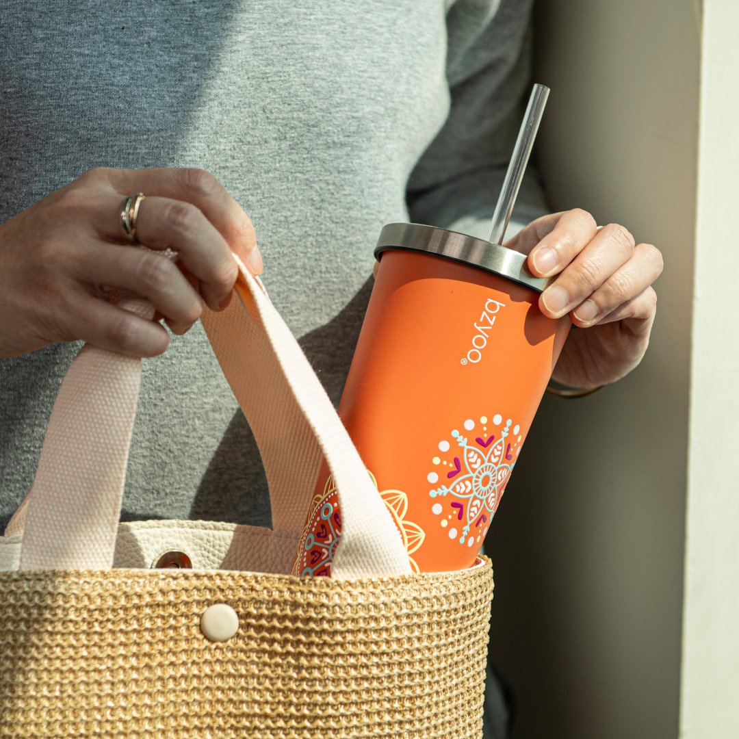 24oz Double Wall Vacuum Insulated Stainless Steel Tumbler with Straw Lid - Orange Madallion Design | Leakproof Travel Mug for Coffee, Tea & Cold Drinks | Perfect for Office, Gym & Outdoor Activities