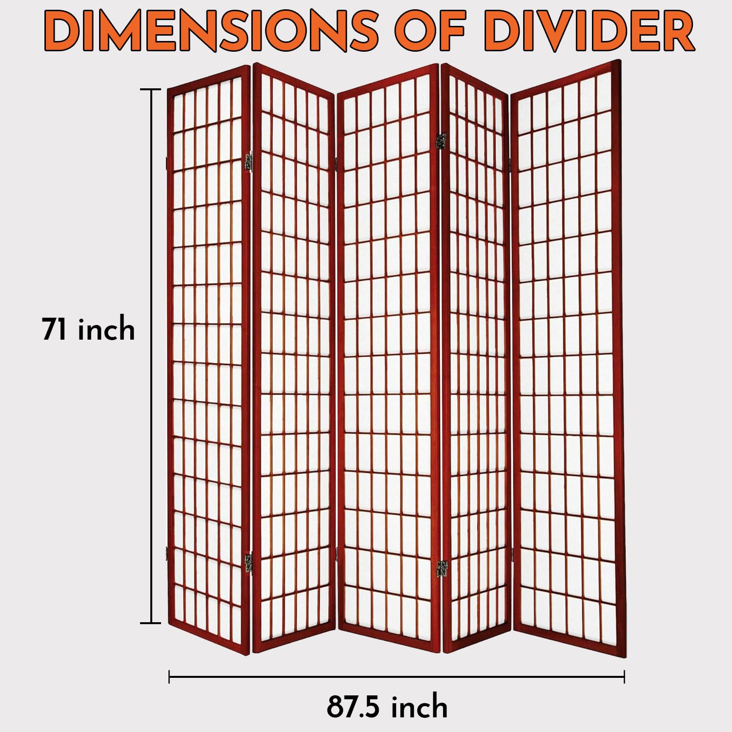 Legacy Decor 5-Panel Room Divider - 6ft Tall Portable Folding Privacy Screen - Shoji Style Freestanding Partition for Bedroom, Office & Studio - Cherry Wood Finish | Perfect for Home Decor, Room Separation & Dressing Area Privacy