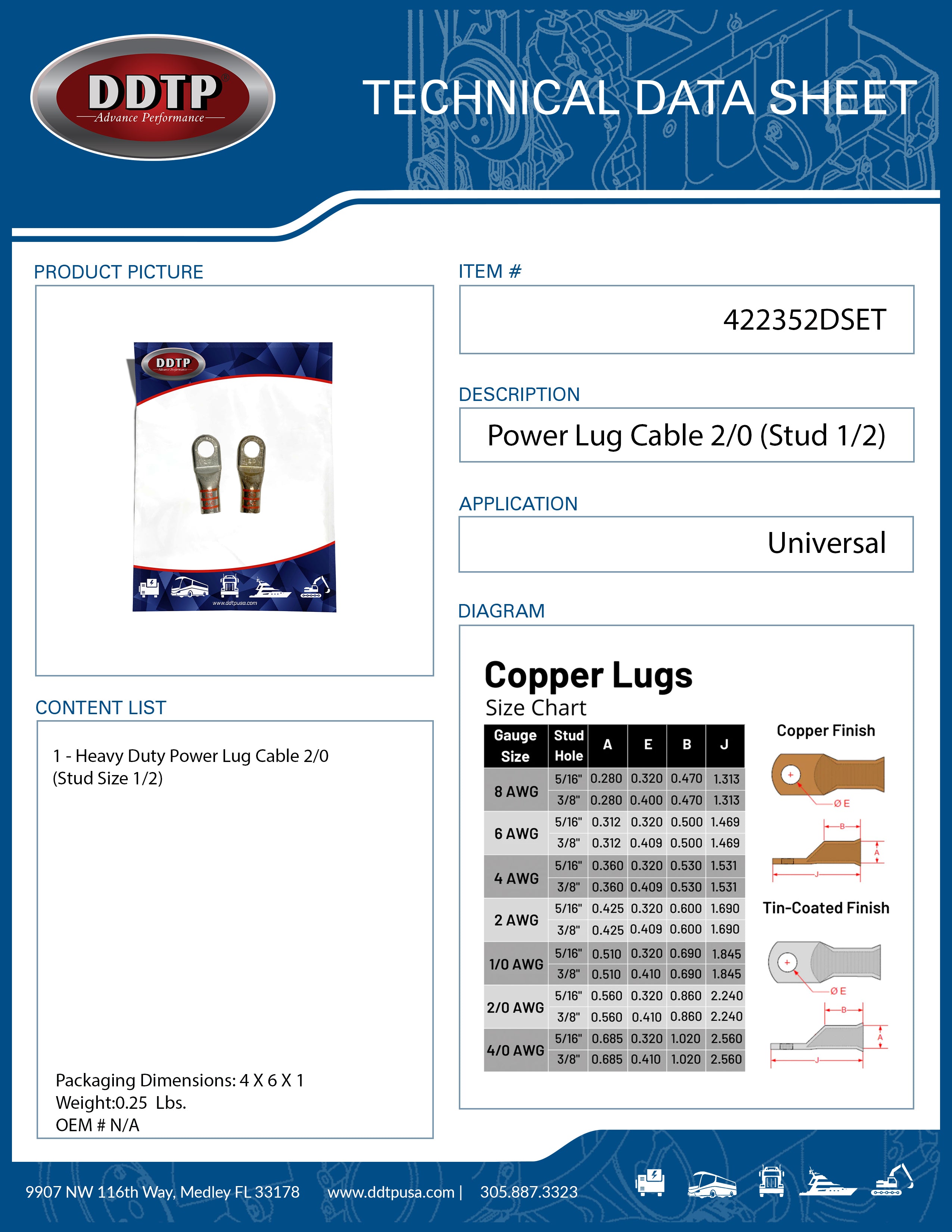 Heavy Duty 2/0 AWG Power Lug Cable with 1/2 Inch Stud - 422352DSET - Perfect for Marine, RV, Solar & Industrial Electrical Connections