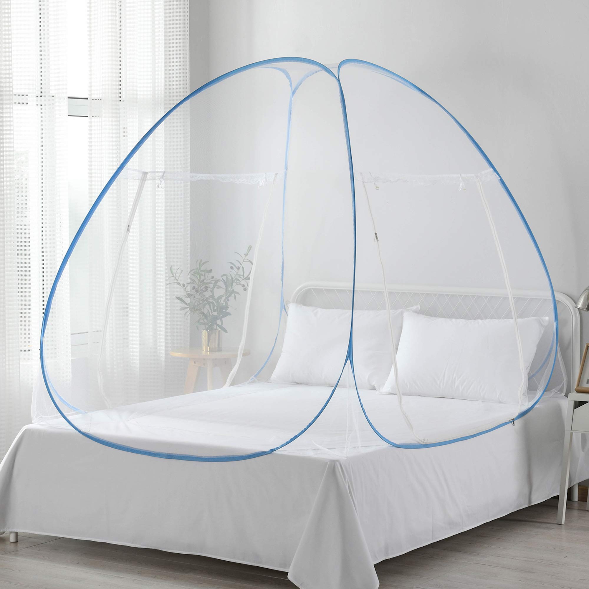 King Size Cotton Loft Pop Up Bed Tent for Adults - Breathable White & Blue Sleeping Privacy Canopy - Perfect for Camping, Guest Rooms & Nap Time