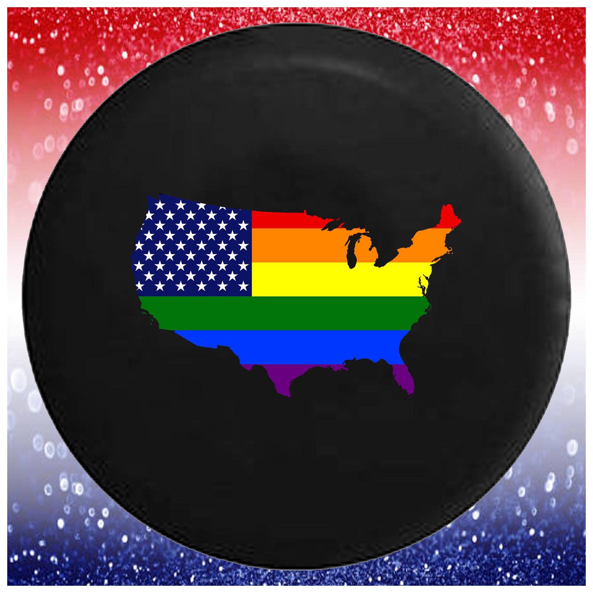USA LGBTQ Pride Flag Map Spare Tire Cover - 33 Inch with Camera Hole for Trucks, SUVs, RVs & Trailers | Waterproof Black Tire Accessory for Camping & Road Trips