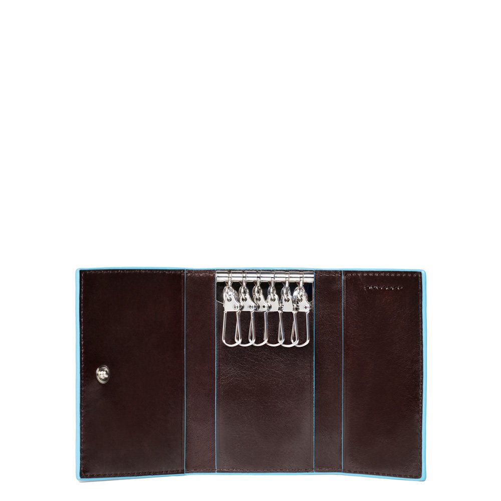 Piquadro Genuine Leather 6-Ring Key Holder - Premium Mahogany Keychain Organizer for Home, Office & Travel - Compact & Durable Key Ring Case for Men & Women