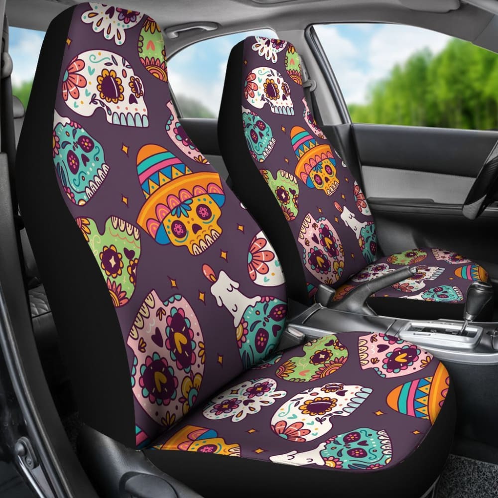 2 Pcs Sugar Skull Seat Covers for Car - Mexican Day of the Dead Design, Universal Fit for Most Vehicles - Perfect for Halloween, Dia de los Muertos & Car Decorations