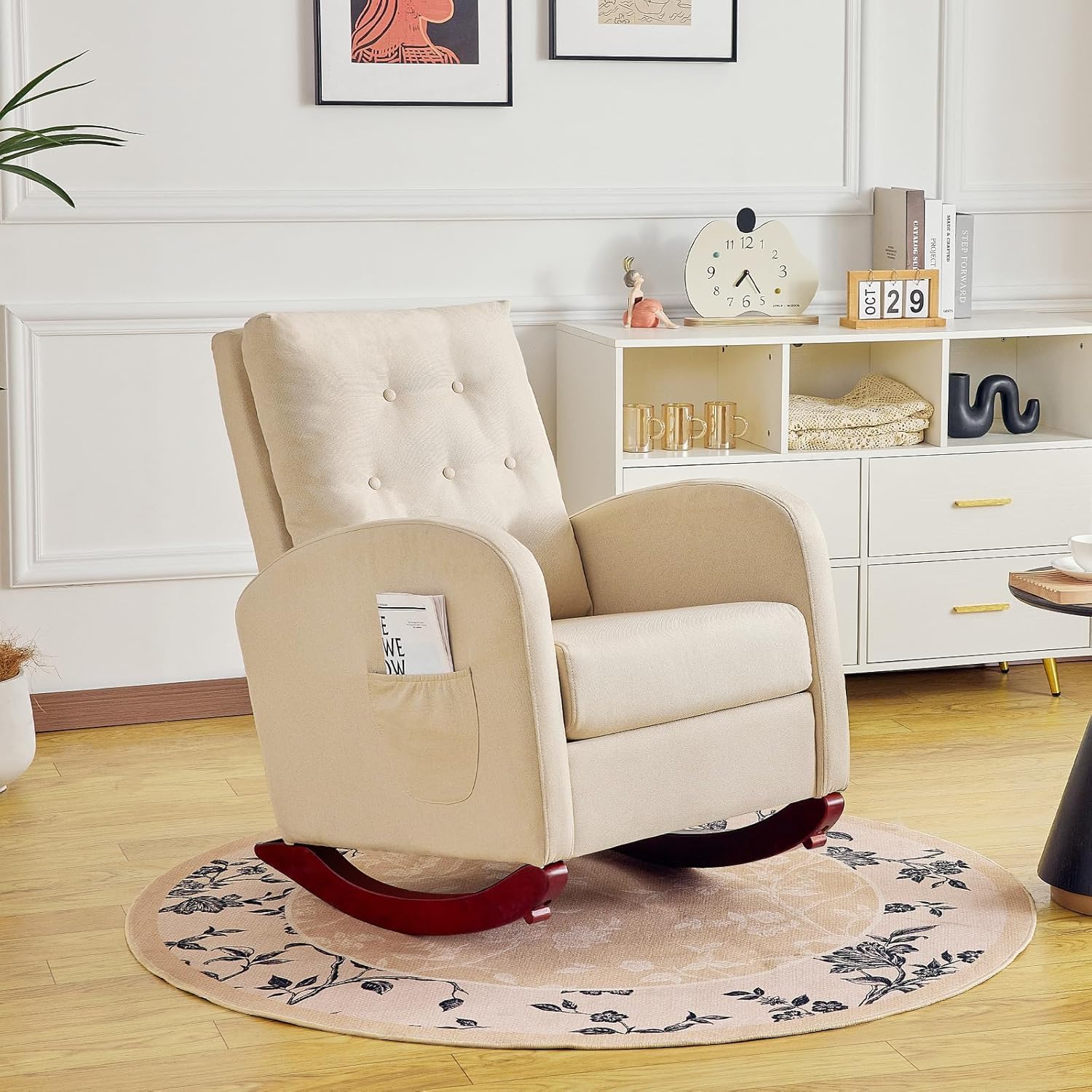 Redlife Nursery Rocking Chair - High Back Linen Upholstered Glider Rocker with Side Pocket for Living Room, Bedroom, Nursery - Comfortable Indoor Rocking Chair for Nursing, Reading & Relaxation (Beige)