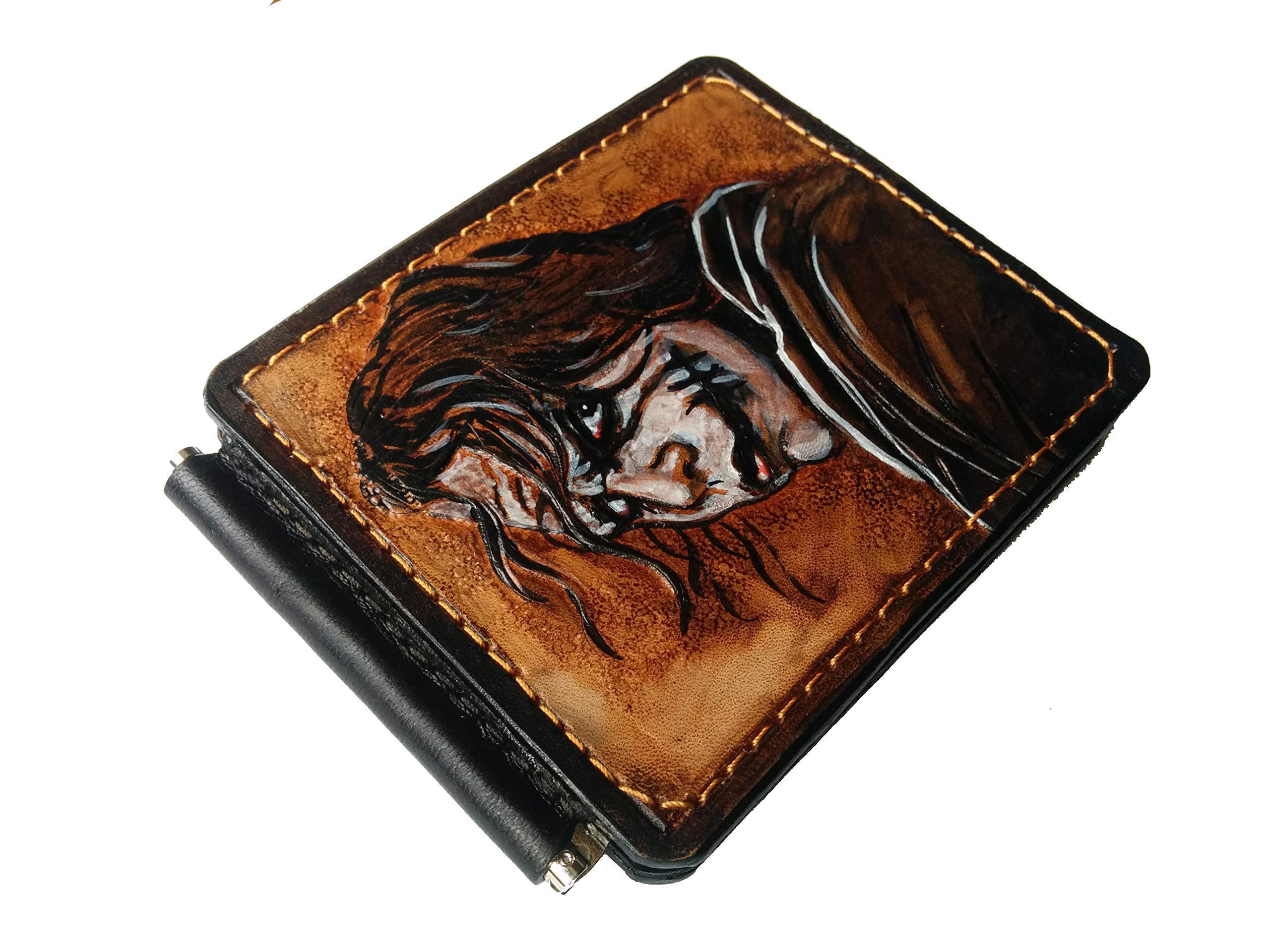 Joker Men's 3D Genuine Leather Wallet with Money Clip - Handmade Carved & Tooled Leather Bifold - Custom Airbrush Art Personalized Card Holder - Perfect Gift for Dad, Husband & Everyday Carry