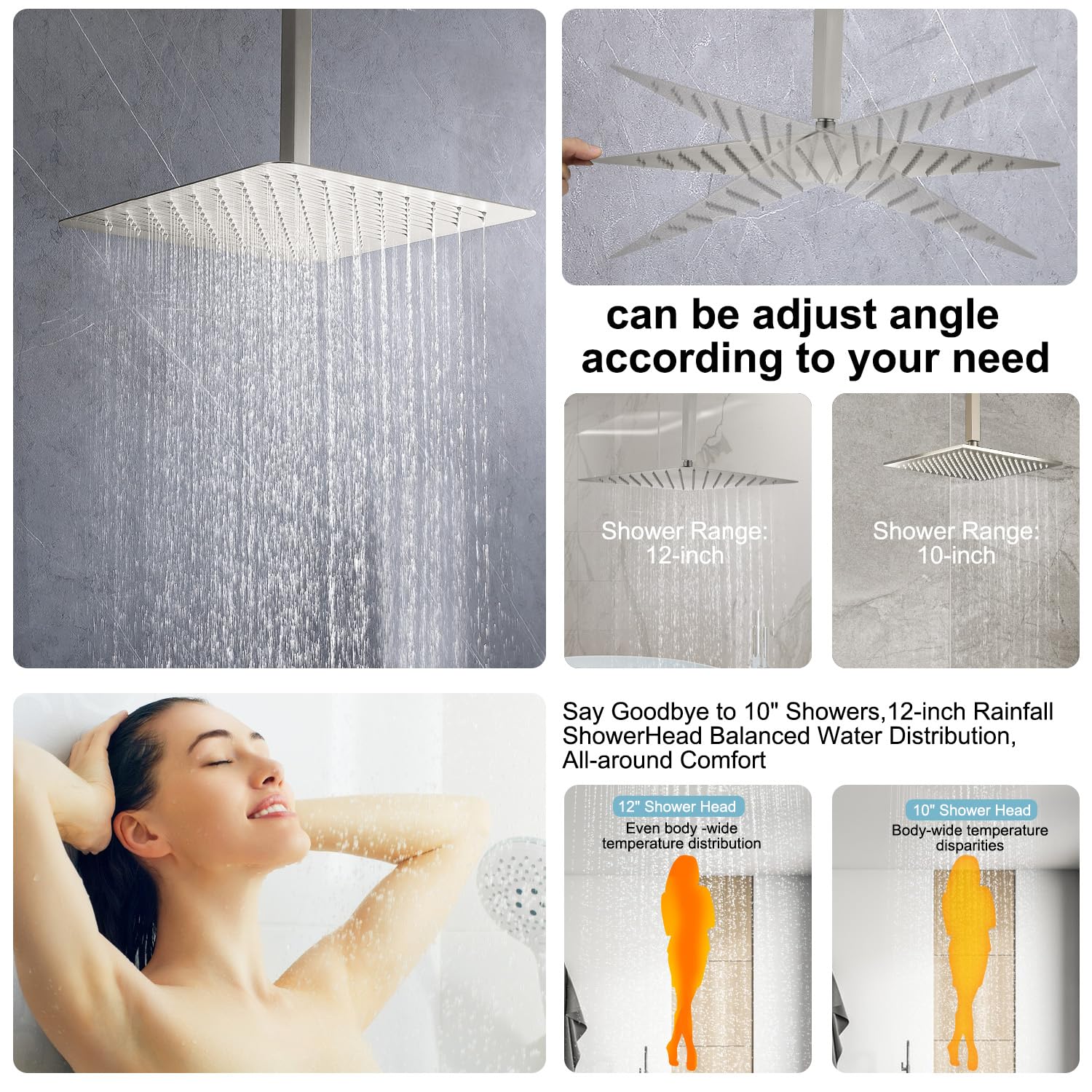 Enga 12 Inch Ceiling Mounted Rain Shower System with Body Jets & Handheld Spray - Brushed Nickel Brass Full Body Massage Spa Shower Set with Rough-in Valve for Luxury Bathroom & Spa Experience