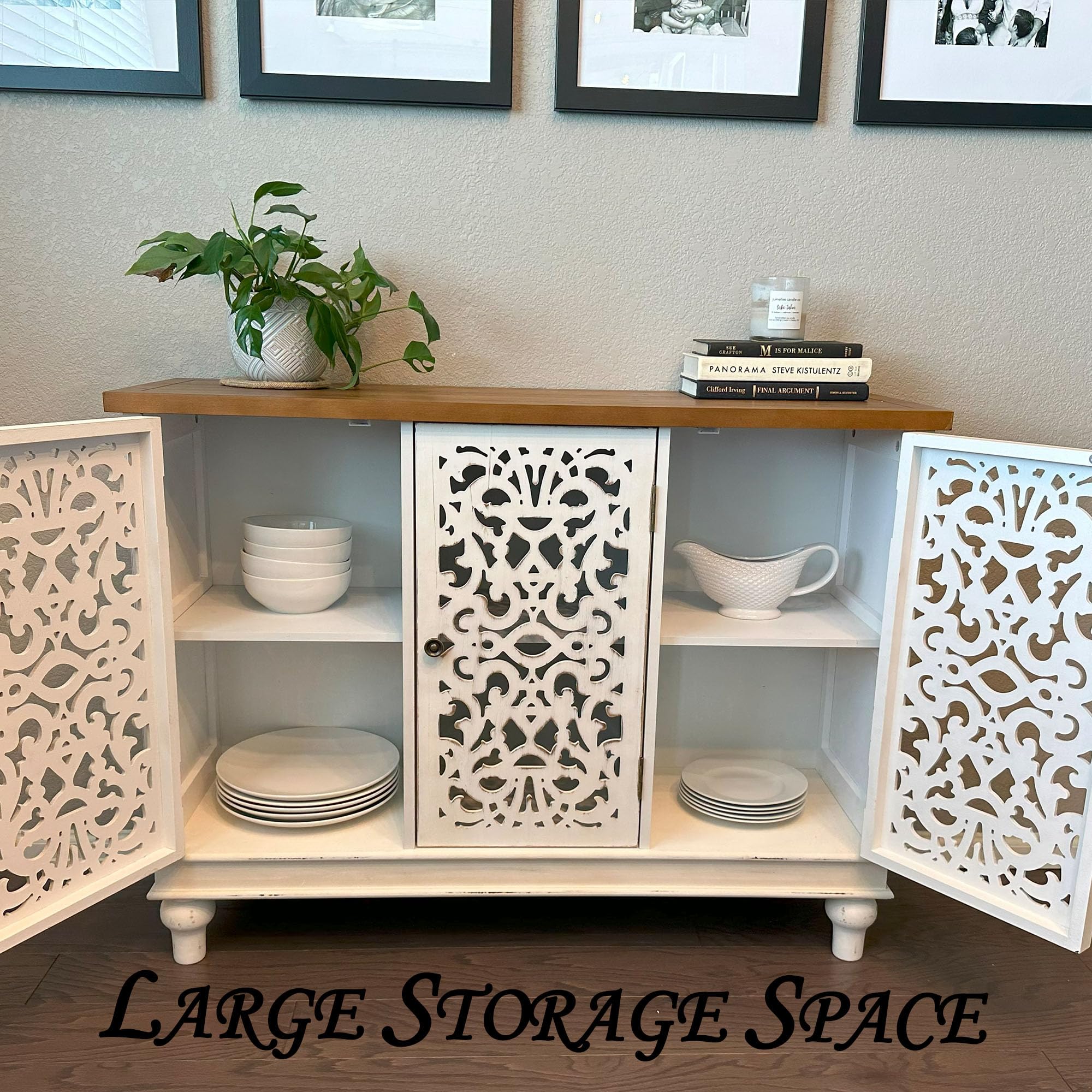 PHI VILLA White Farmhouse Accent Cabinet with Doors - Rustic Credenza Sideboard Buffet Storage Cabinet for Living Room, Dining Room & Entryway - Perfect for Home Decor & Organization