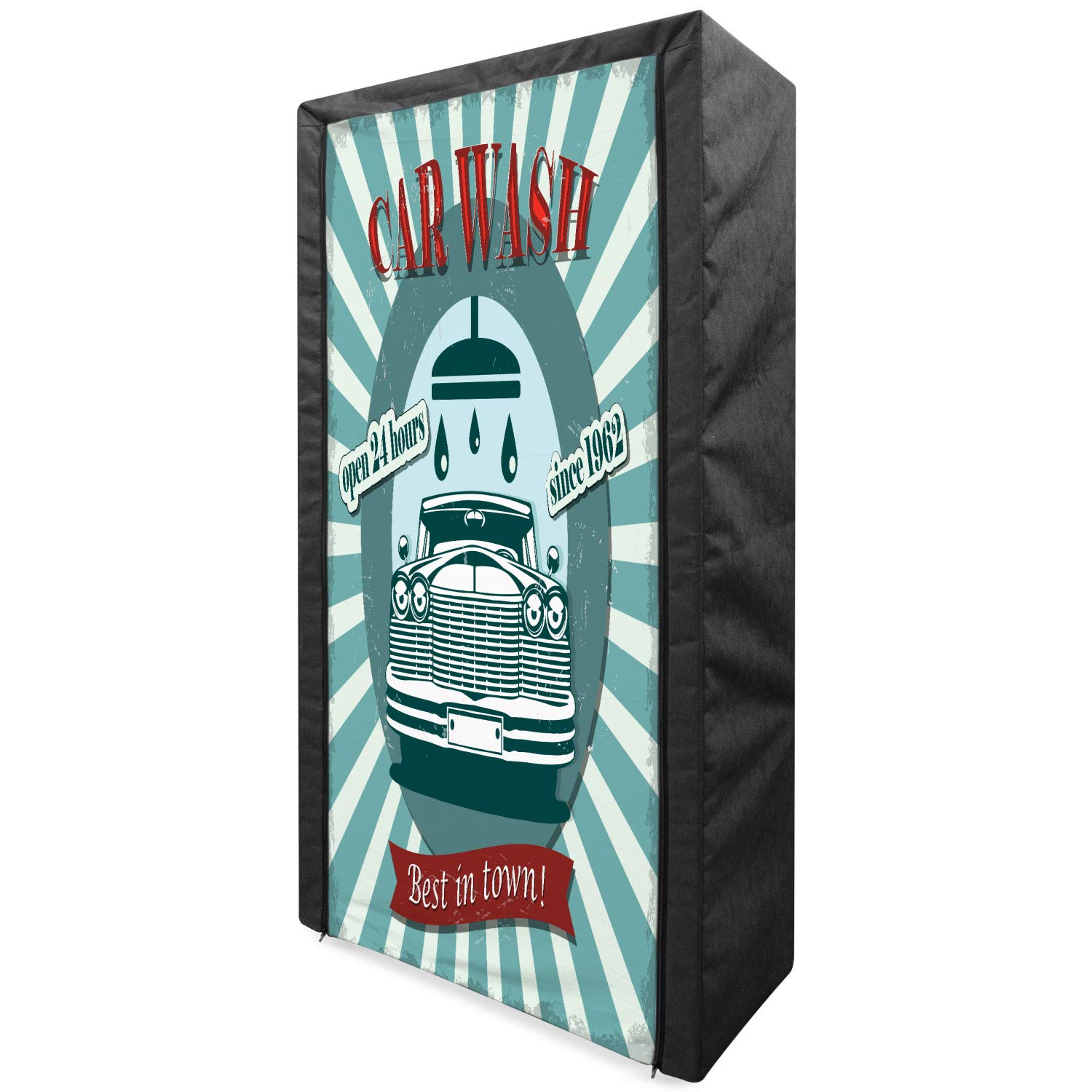 Ambesonne Retro Portable Fabric Wardrobe - Vintage Car Wash Sign Design Clothing Organizer with Shelves, 33.5 Inch Storage Closet in Red & Teal | Perfect for Bedroom, Dorm, Apartment & Small Space Organization
