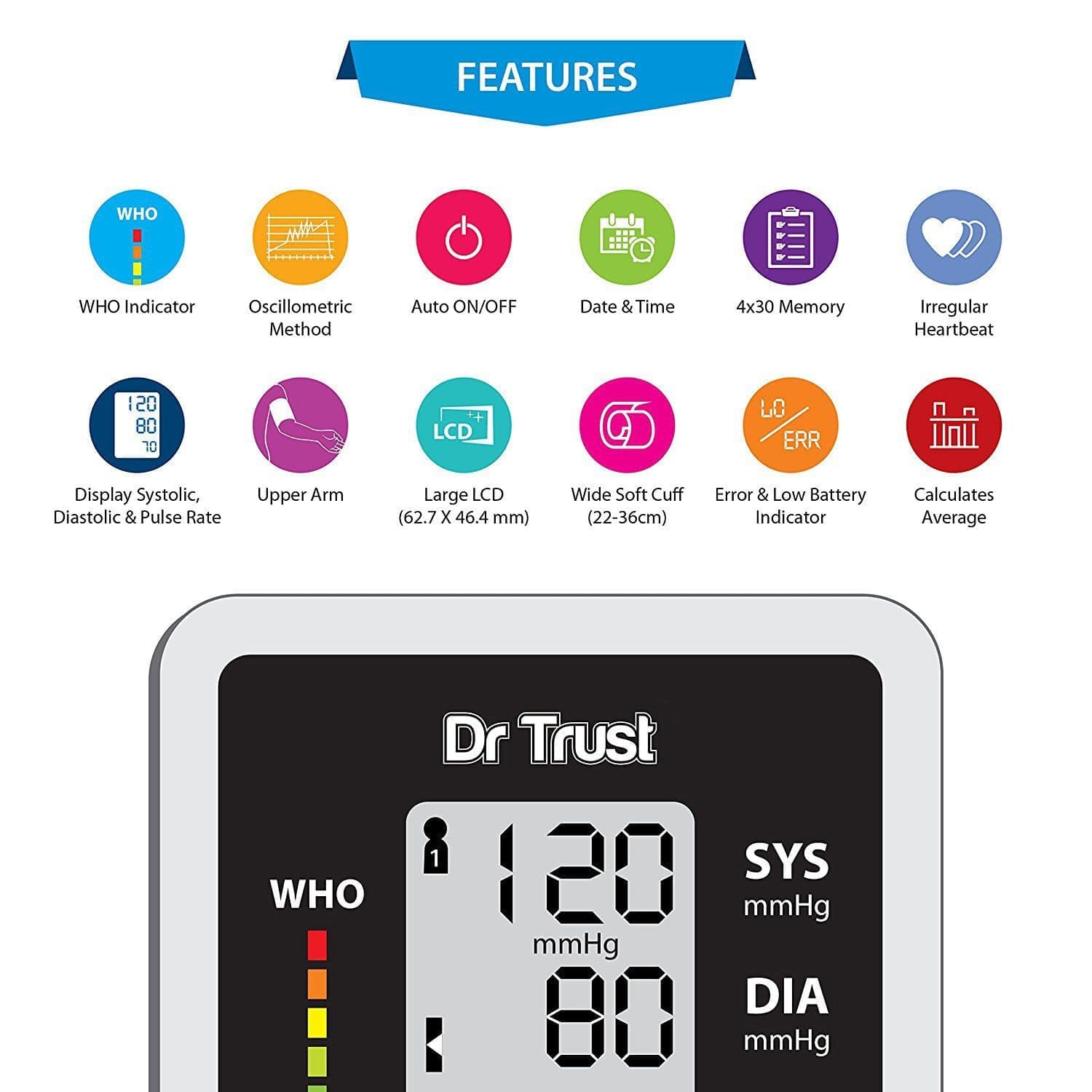 Dr Trust USA Silverline Digital Blood Pressure Monitor - Accurate Upper Arm Cuff for Home Use, Heart Health Tracking & Hypertension Management
