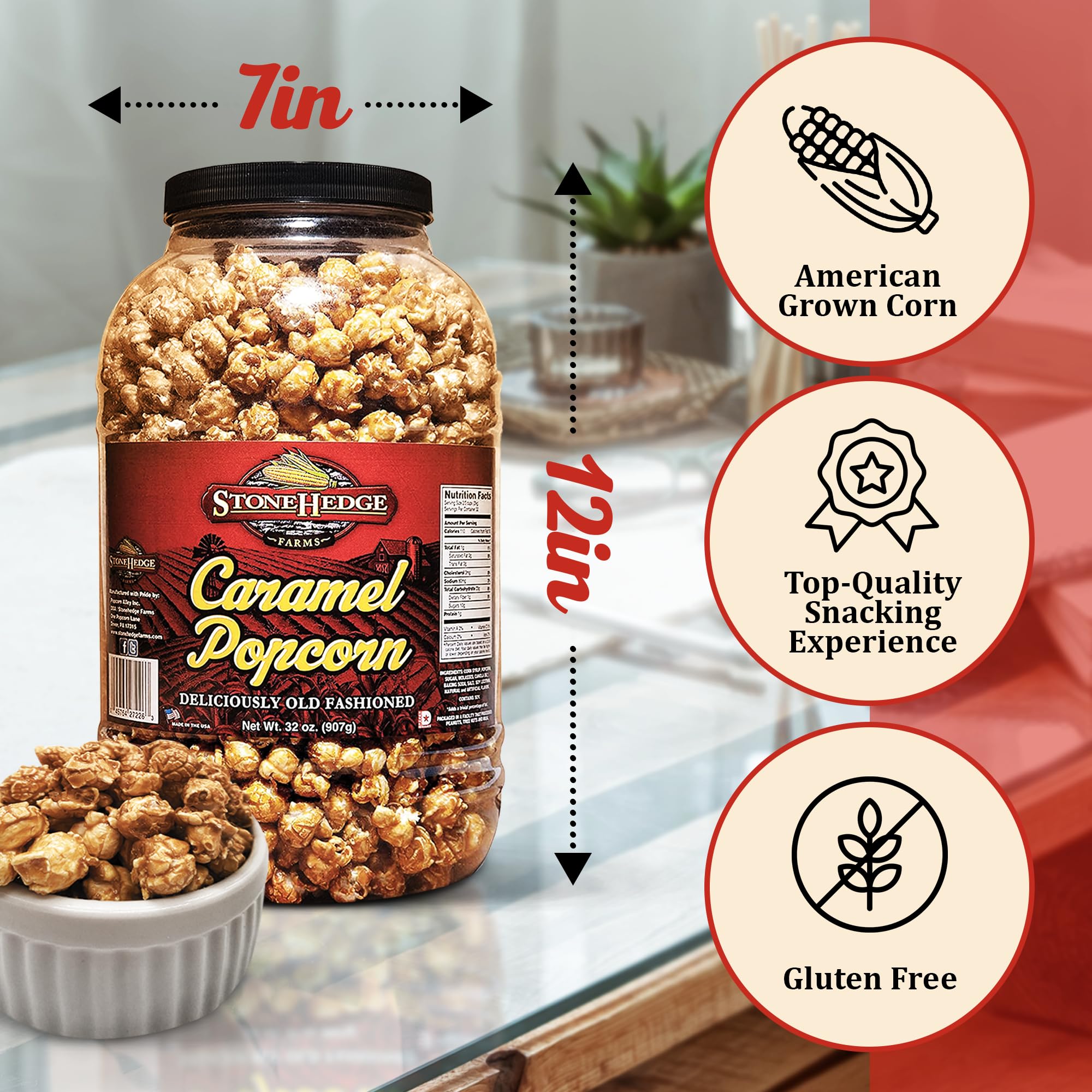Stonehedge Farms Caramel Flavored Popcorn - 32 oz Large Tub | Gourmet Sweet & Crunchy Snack | Made in USA | Perfect for Movie Nights, Parties & Holiday Gifts