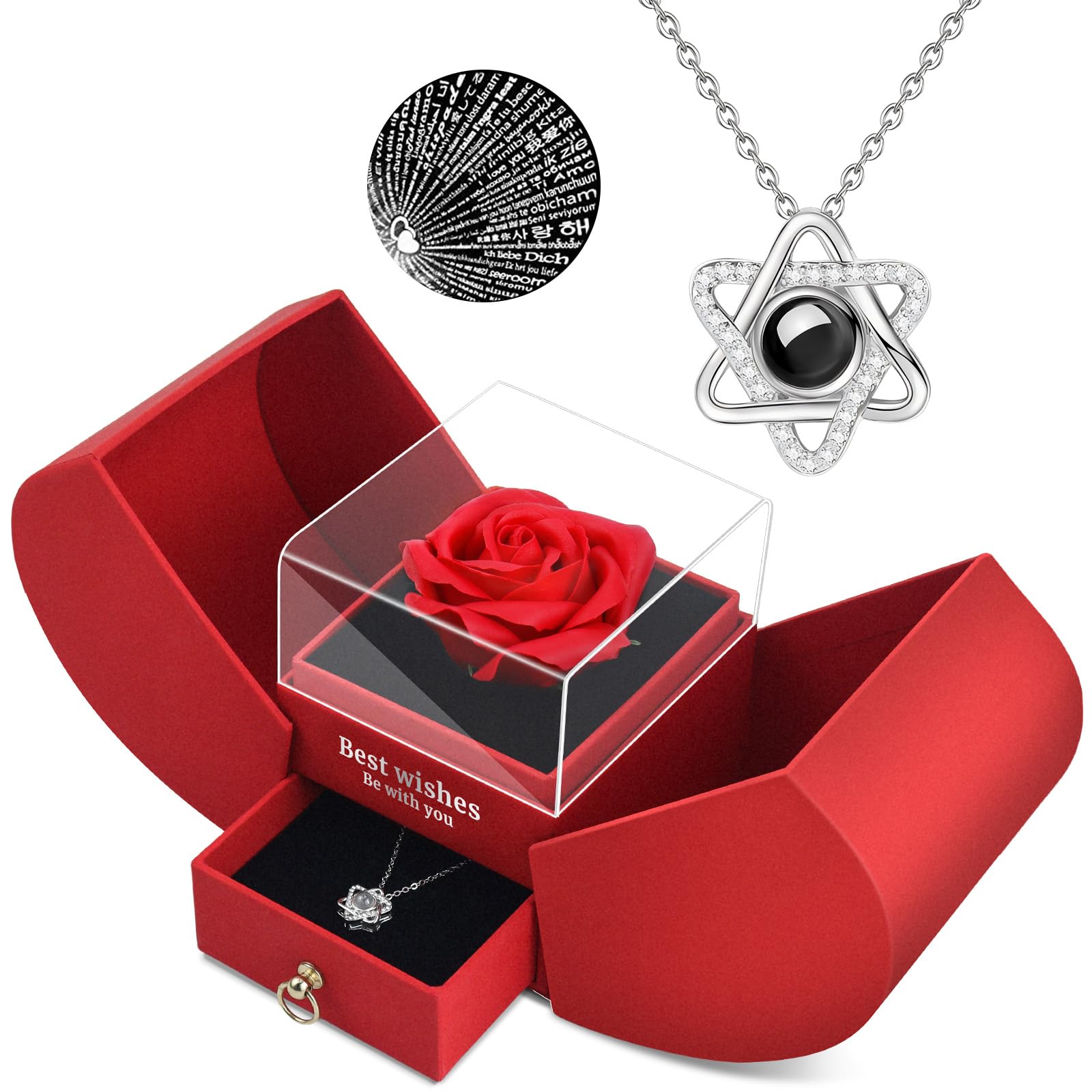 QETRABONE Preserved Red Real Rose Necklace 'I Love You' in 100 Languages - Eternal Flower Jewelry, Romantic Birthday Gift for Women, Wife, Girlfriend, Mom, Grandma - Perfect for Valentine's Day, Christmas, Anniversary & Special Occasions (Red)