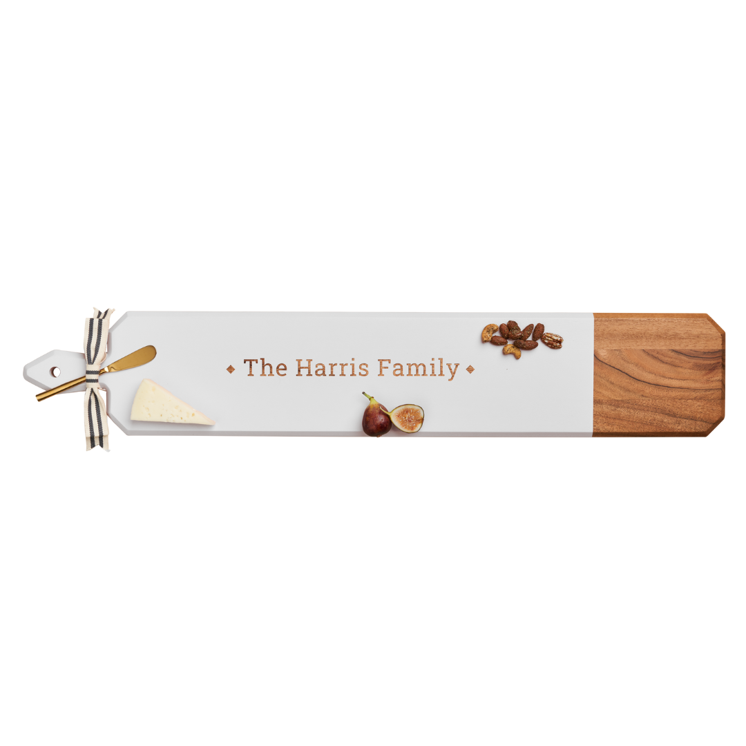 Personalized Acacia Heirloom Wooden Cutting Board in White with Gold Spreader & Ribbon - 34