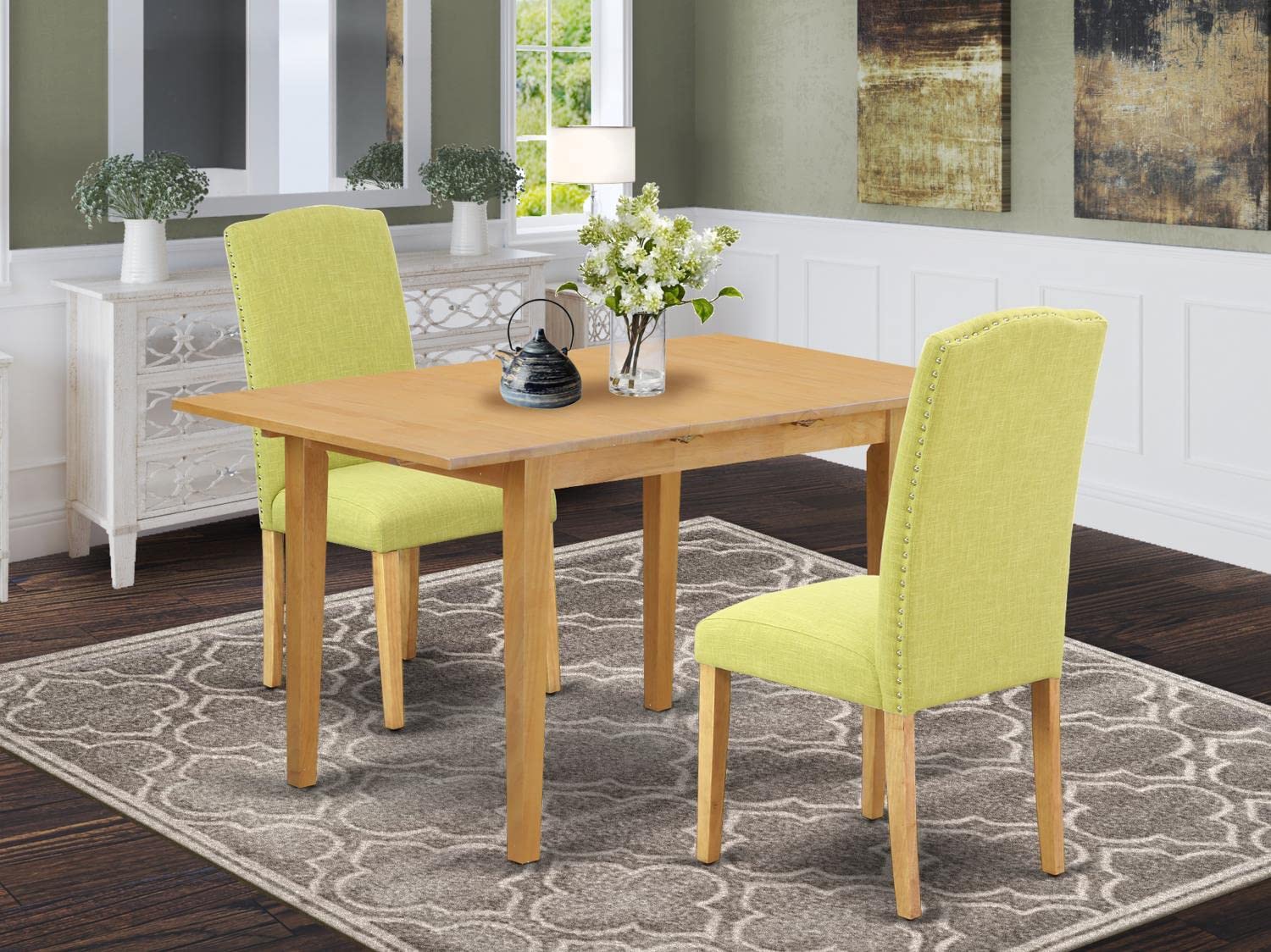 East West Furniture 3 Piece Dining Set - Rectangle Oak Table with Butterfly Leaf & 2 Limelight Fabric Chairs, 32x54 Inch | Perfect for Small Spaces, Breakfast Nooks & Cozy Dining Areas