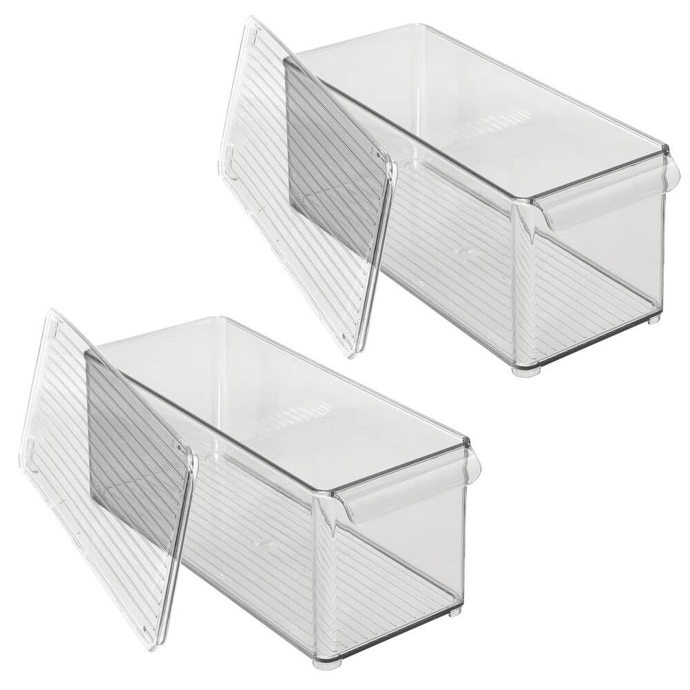 mDesign Plastic Stackable Kitchen Pantry Cabinet Organizer - Clear/Smoke Gray Food Storage Bins with Handle & Lid - 2 Pack for Refrigerator, Freezer - Perfect for Fruits, Yogurt, Snacks, Pasta - Ideal for Pantry Organization & Meal Prep