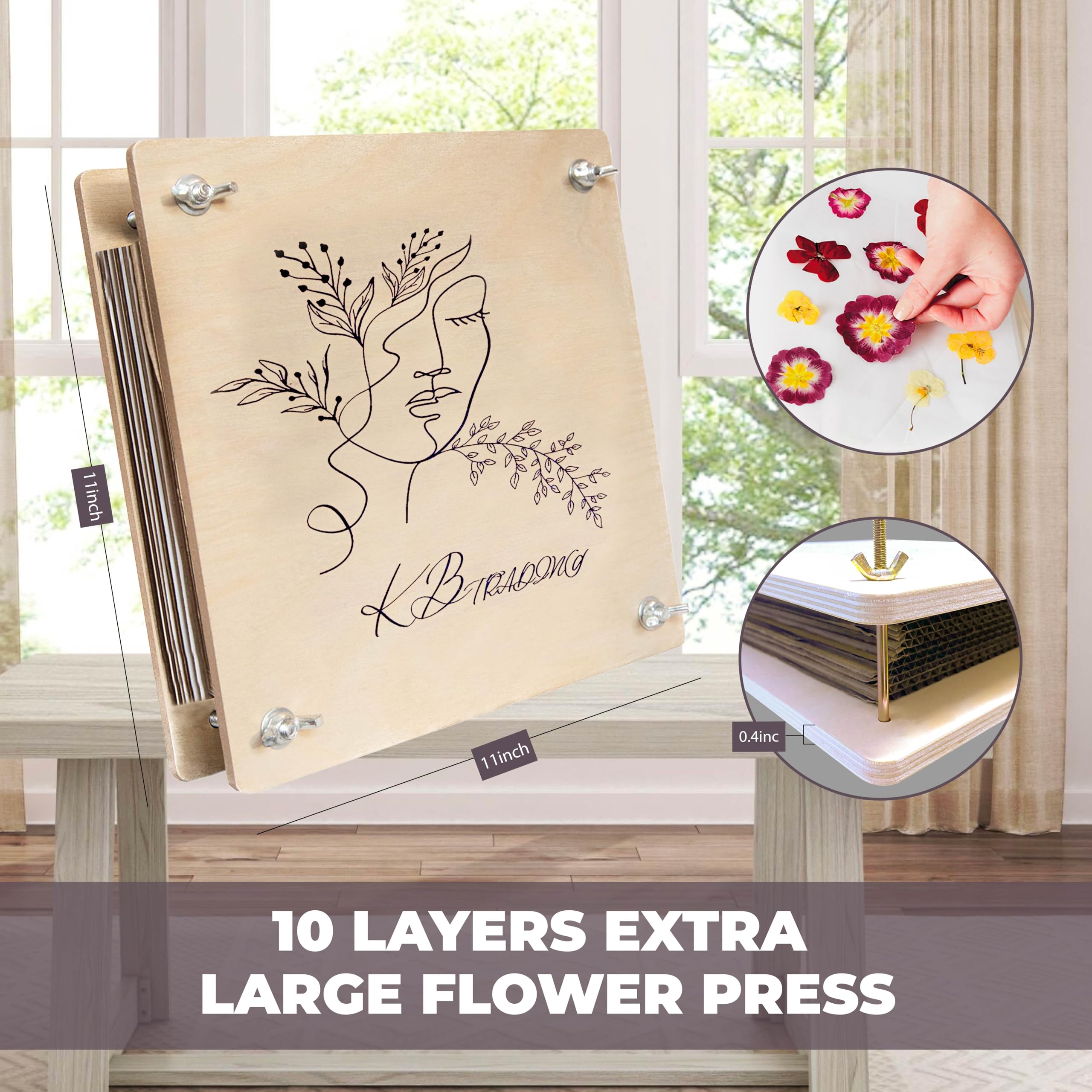 KBTrading Large Wooden Flower Press - 11x11 Inch, 10 Layers - DIY Botanical Press Kit for Adults & Kids with Storage Bag - Perfect for Herbarium, Scrapbooking & Nature Crafts