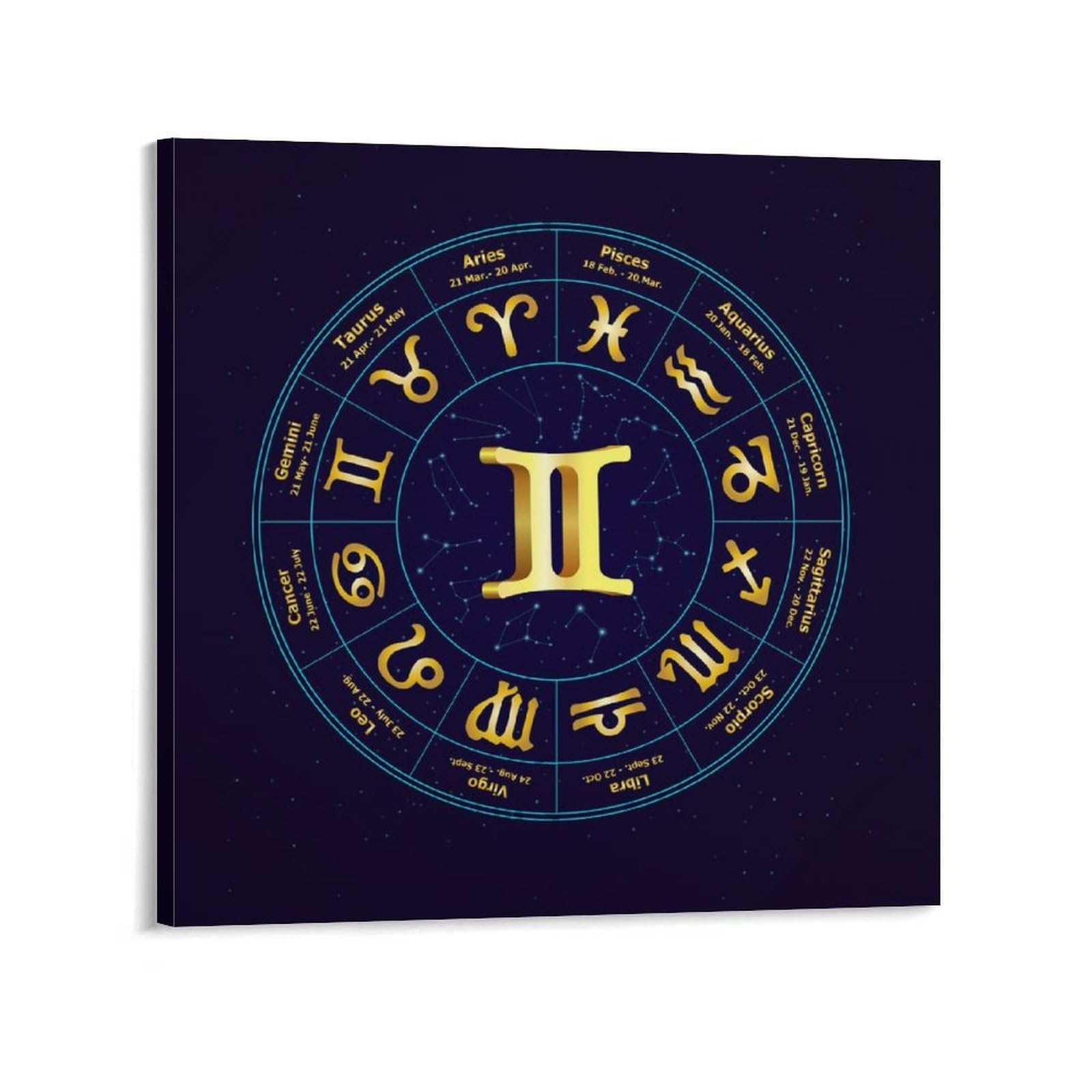 Gemini Zodiac Sign Wall Art - 28x28 Inch (70x70cm) Square Canvas Painting with Frame for Bedroom & Living Room Decor - Perfect for Astrology Lovers & Home Decoration Gifts