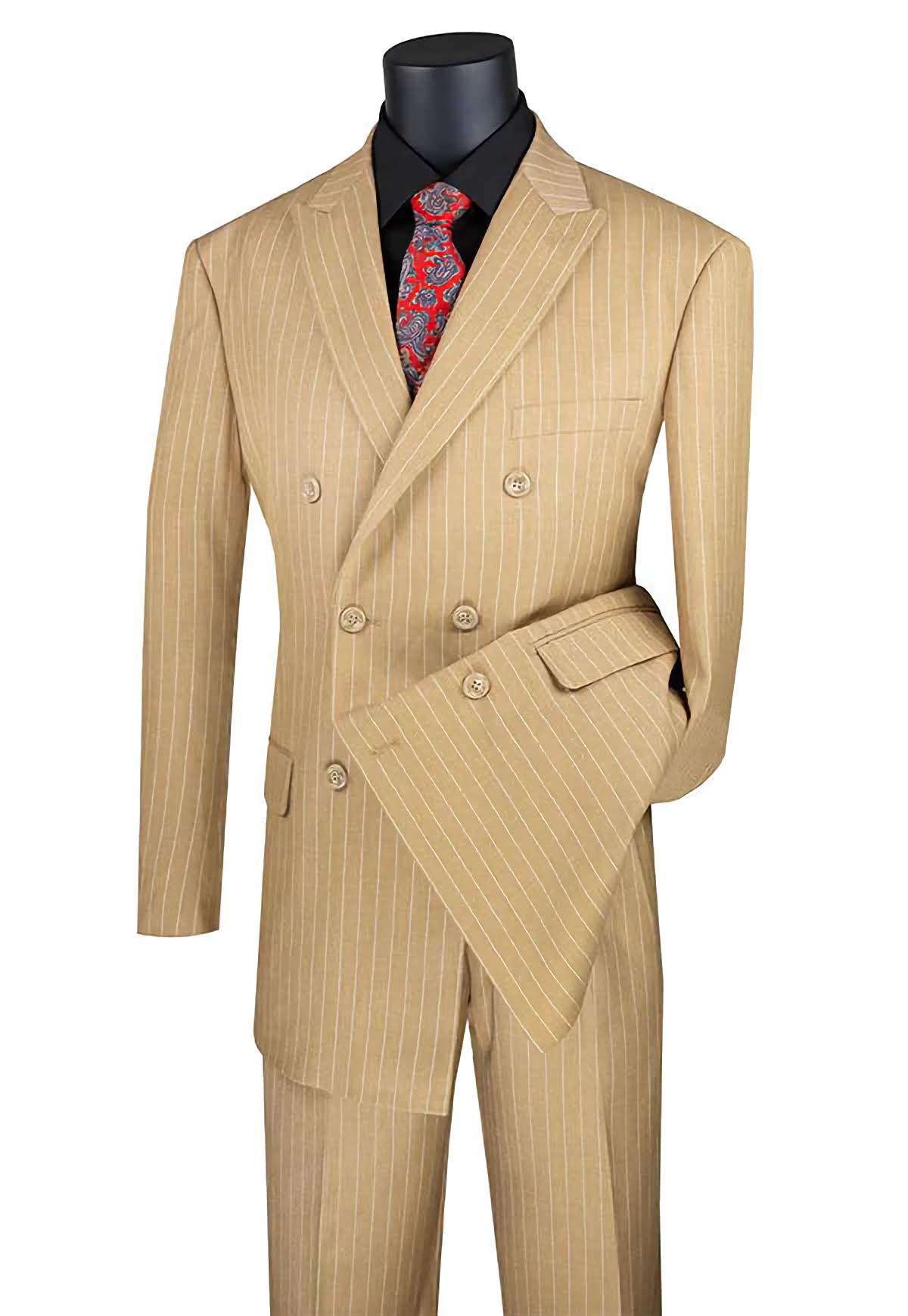 Rockefeller Collection Men's Double Breasted Striped Suit in Camel - Regular Fit 2-Piece Business Suit for Office, Weddings & Formal Events