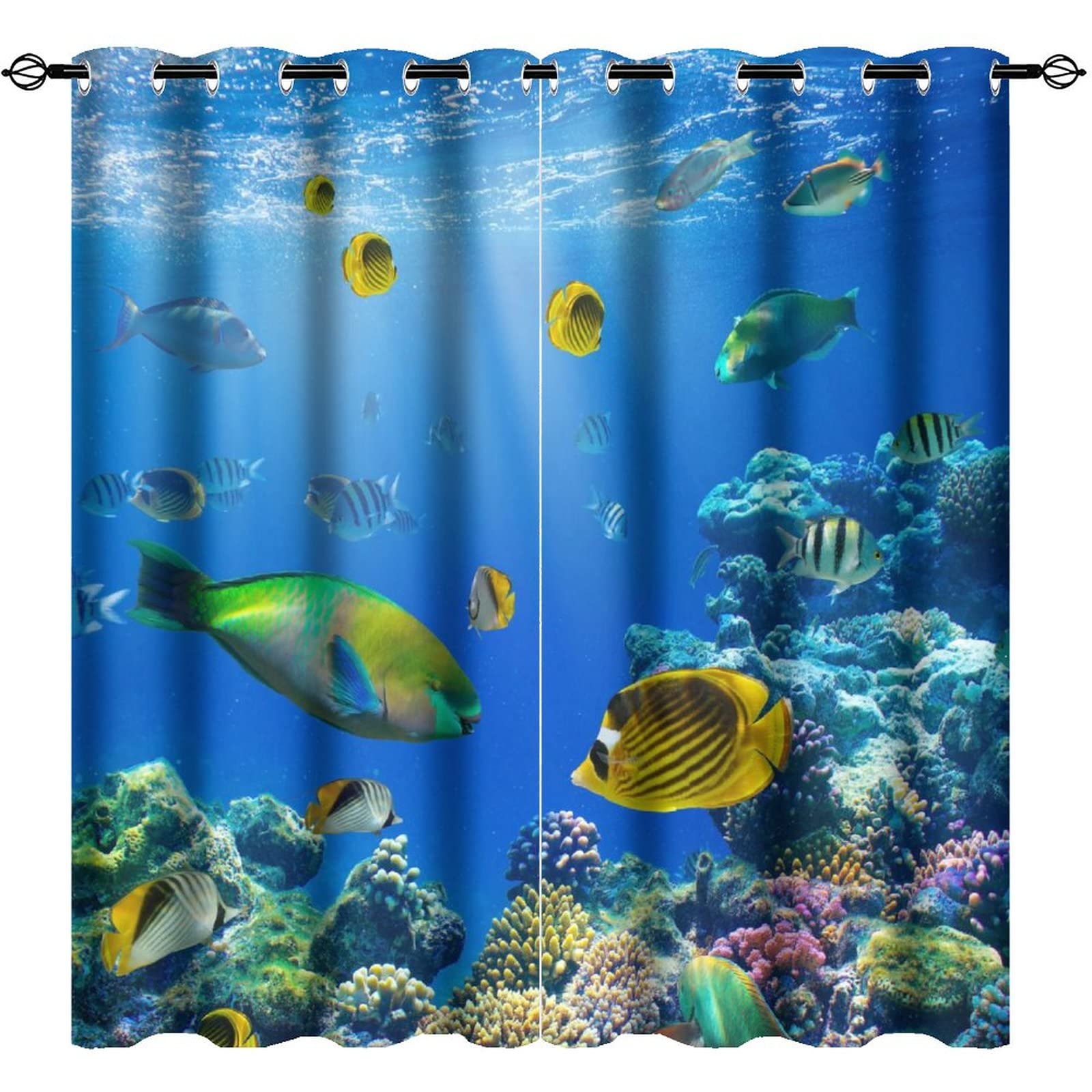 Tropical Fish Blackout Curtains - Waterproof Grommet Drapes 42x63