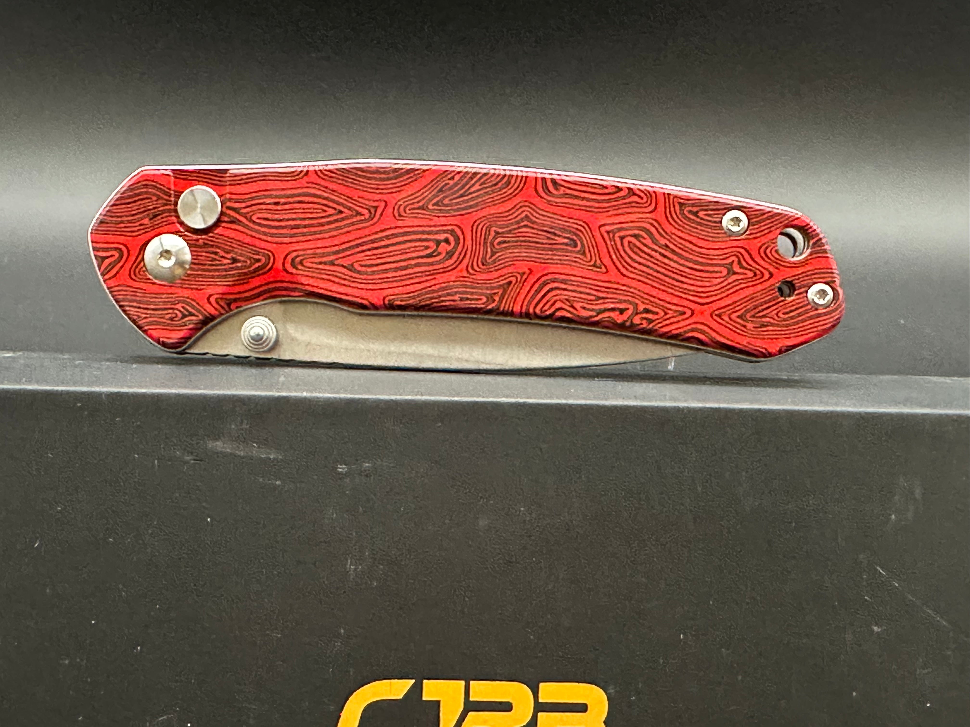 CJRB Pyrite Black & Red Damascus G10 Handle Folding Knife - AR RPM9 Steel Drop Point Plain Edge Stonewash Finish - EDC, Outdoor, Camping, Survival, and Everyday Carry