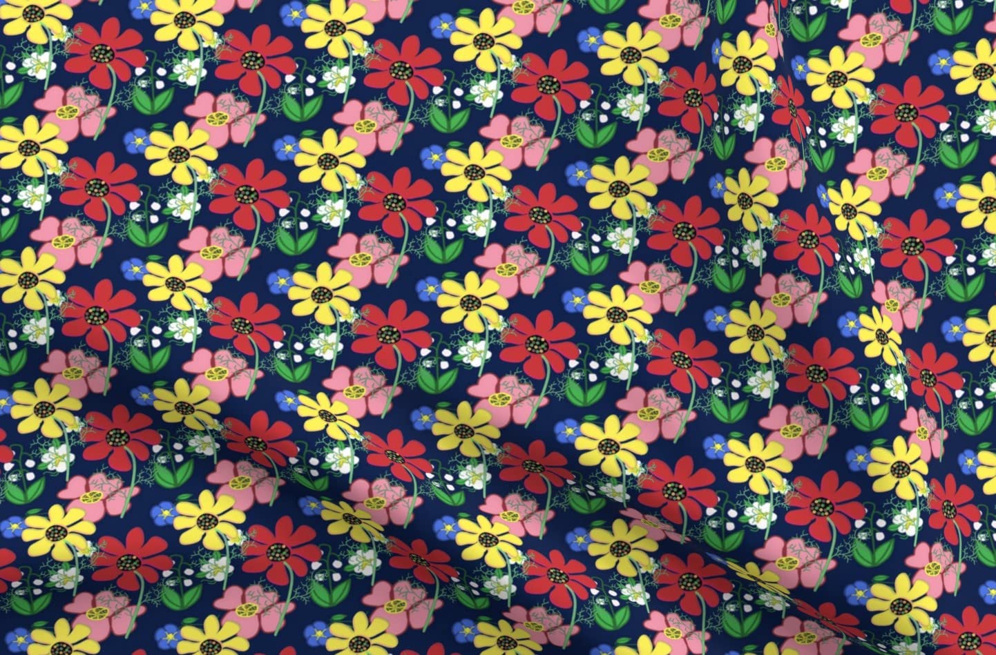 Vibrant Floral Printed Chiffon Fabric by Spoonflower - Spring Meadow Blooms in Primary Colors for Sewing, Fashion Apparel, Dresses & Home Decor | Perfect for DIY Projects, Quilting, and Bohemian Style Decorations