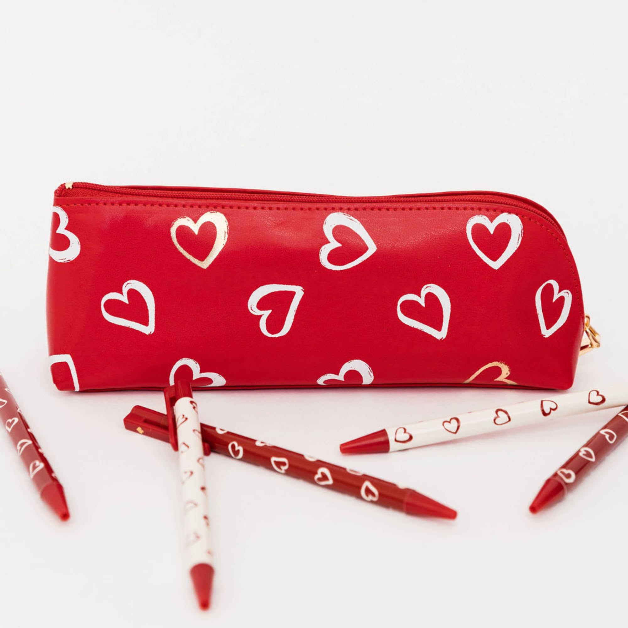 Kate Spade New York Heart Print Pen & Pencil Case Set - Includes 2 Pencils, Sharpener, Eraser, Ruler - Stylish Zip Pouch for Office, School, Work & Travel Organization (Brushstroke Hearts Design)