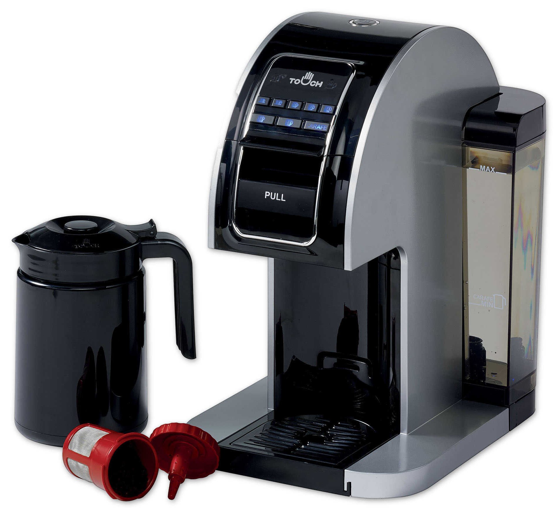 Touch Plus Single Serve Coffee Maker with Jumbo Cup & Carafe - Black/Silver K-Cup Compatible Brewer with Rapid Brew Technology (Model T526S) - Perfect for Home, Office, and Small Spaces