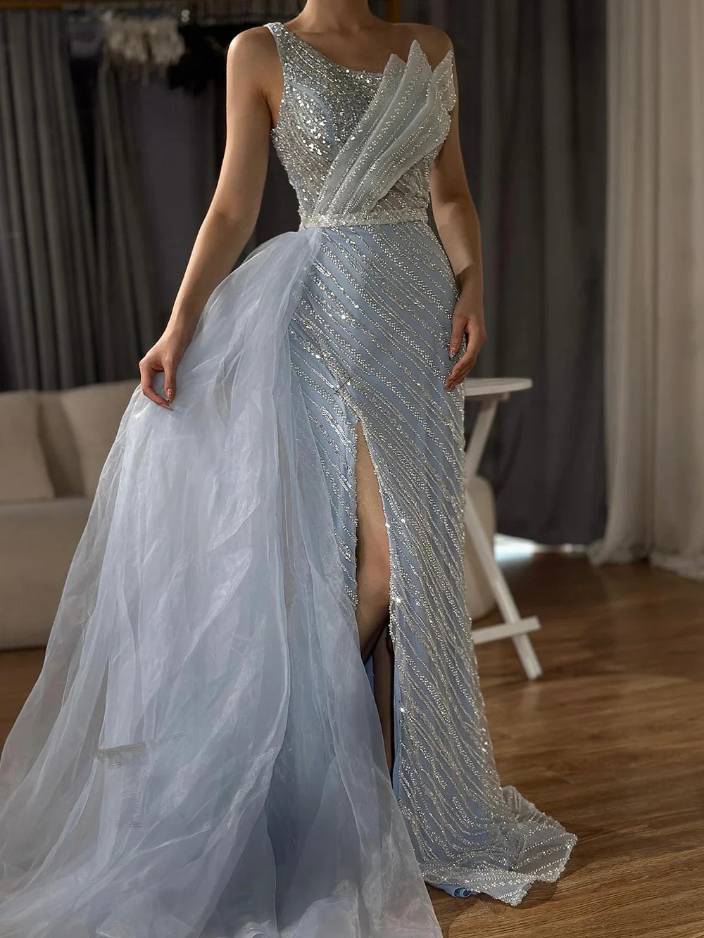 Luxury Dubai Blue One Shoulder Split Saudi Evening Gown with Beaded Side Overskirt Dress - Formal Gown for Weddings, Galas & Special Occasions | LA72732