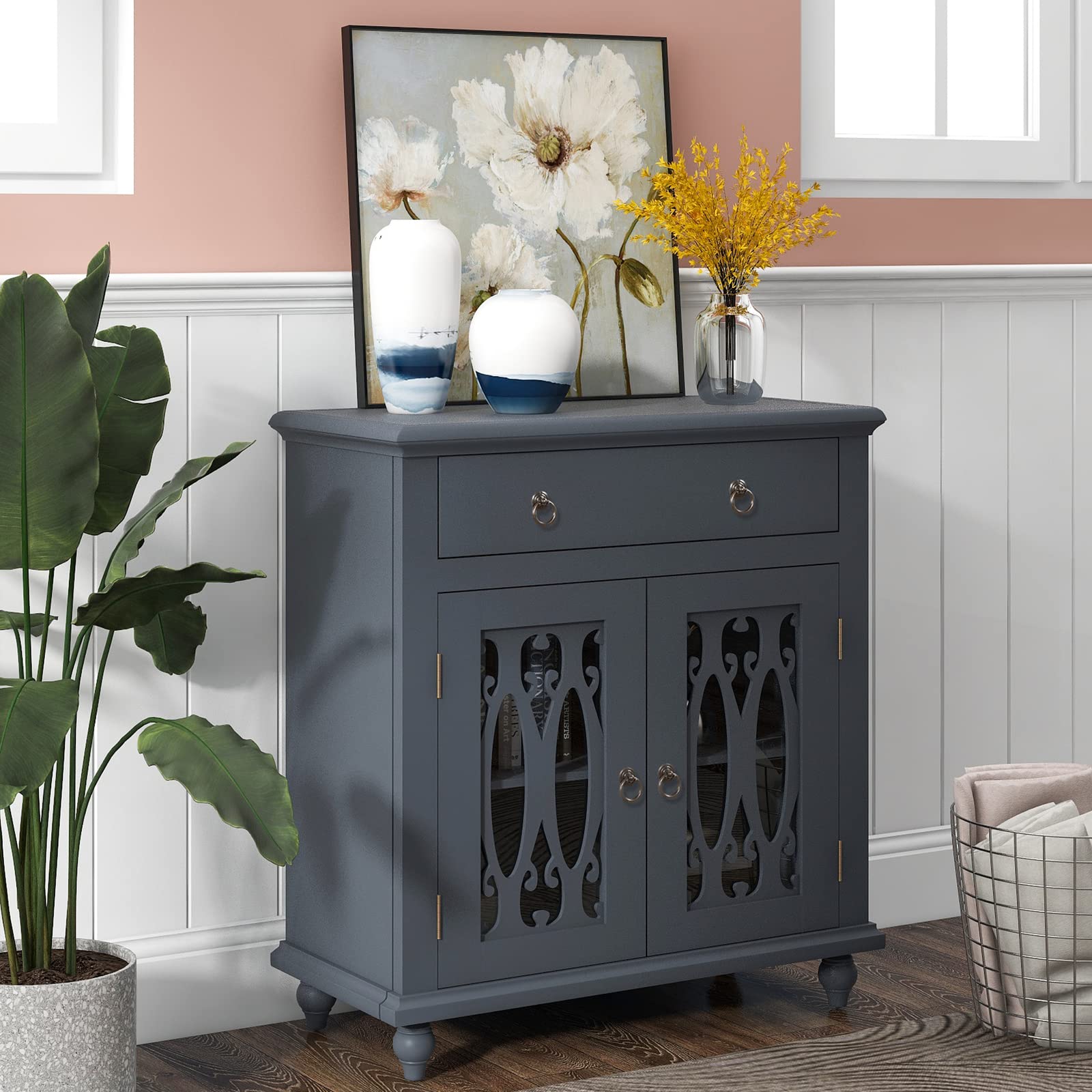 Modern Blue Buffet Cabinet with Storage - Wood Sideboard with Glass Doors, Drawers & Adjustable Shelf - Entryway Table, Bar Cabinet for Living Room, Hallway, Kitchen - Perfect for Dining Room Storage & Home Decor