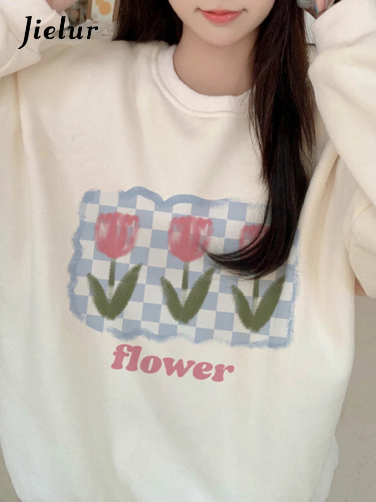 Sweet Apricot Pullover Sweatshirt for Women - Casual Loose Fit O-Neck Basic Hoodie - Winter Fashion Office Wear & Everyday Comfort
