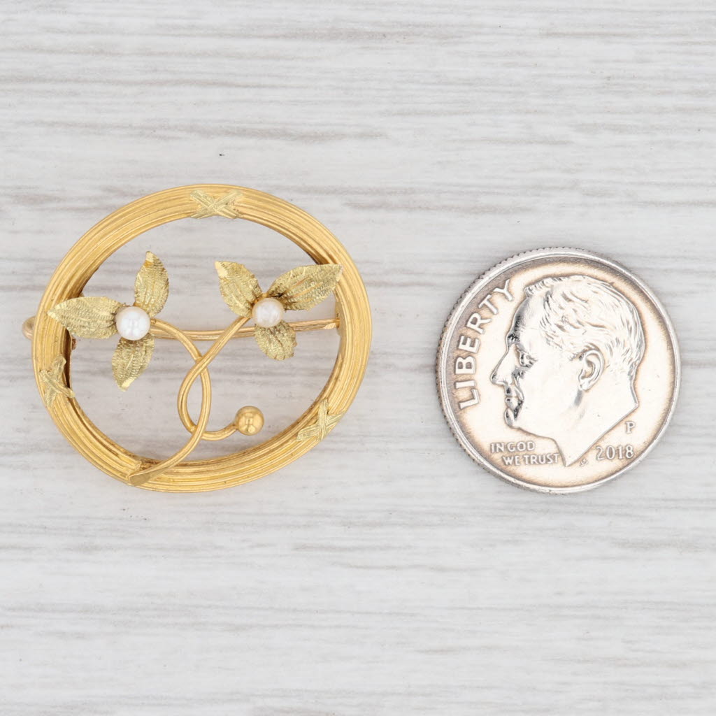 Antique French Floral Brooch - 18k Yellow Gold with Cultured Pearls - Vintage Jewelry for Weddings, Parties & Special Occasions