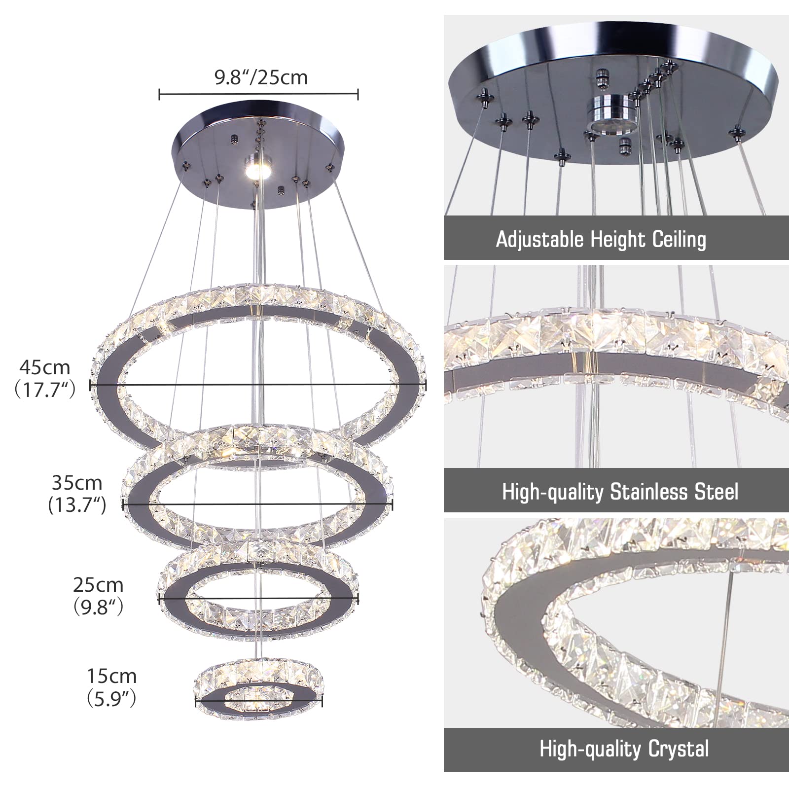 Modern LED Crystal Chandelier - Adjustable Stainless Steel Pendant Light Fixture with Dimmable Rings for Living Room, Dining Room, Bedroom | Elegant Home Lighting for Parties, Weddings & Luxury Interior Decor