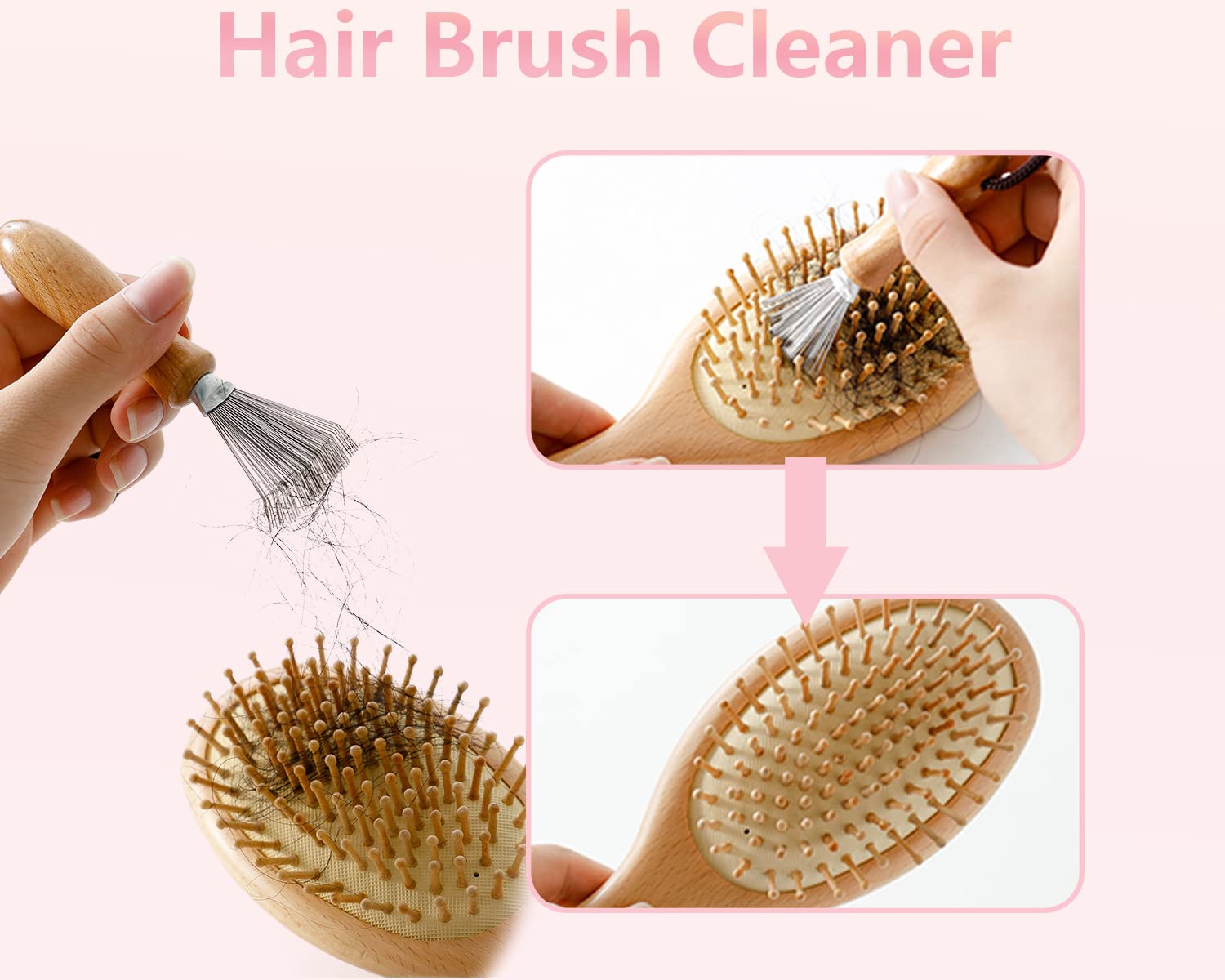 Hair Brush Cleaner Tool with Metal Wire Rake & Wooden Handle - Remove Hair Dirt, Lint & Debris - Comb Cleaning Brush for Home & Salon Use - Perfect for Detangling, Deep Cleaning & Maintaining Hair Brushes