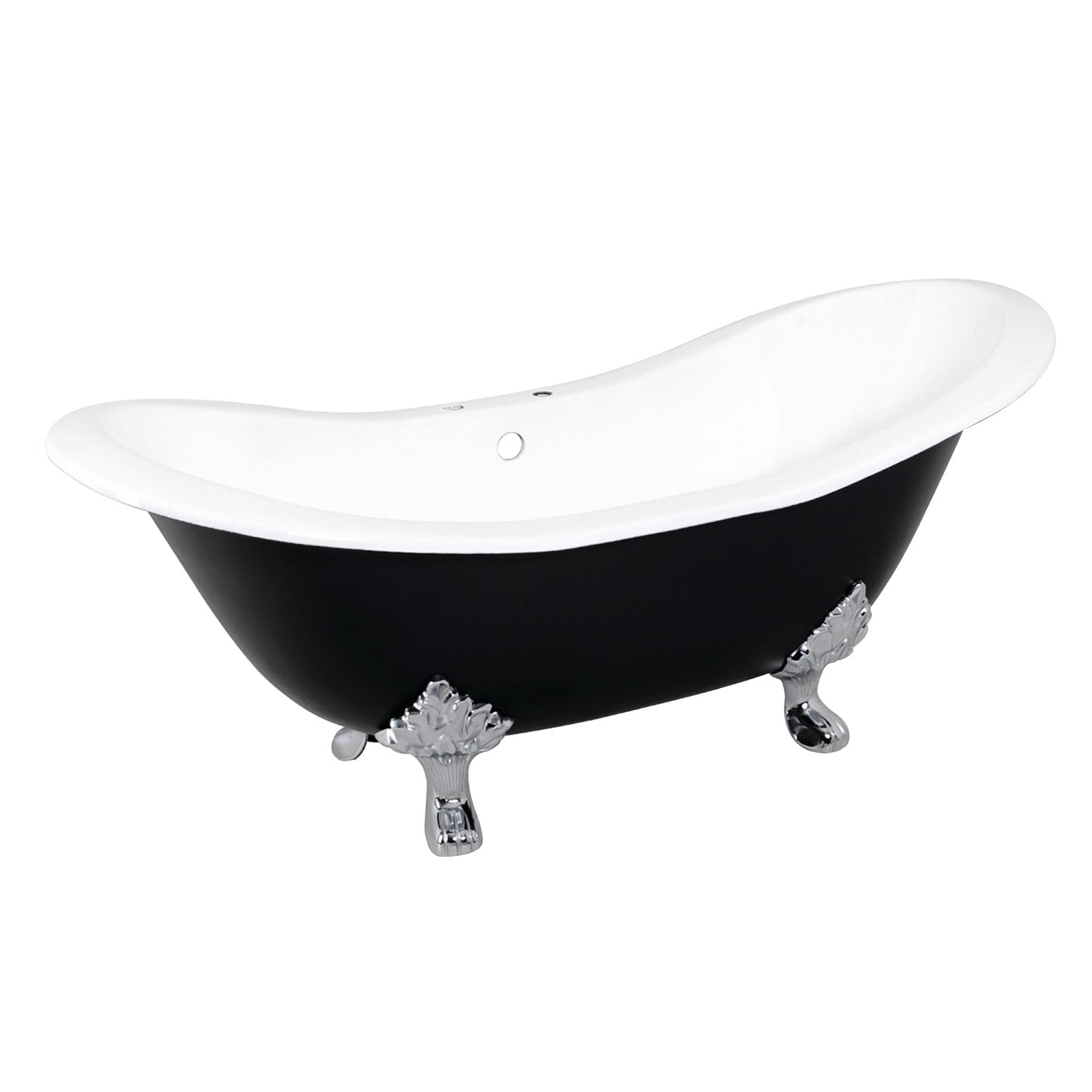 72 Inch Cast Iron Oval Double Slipper Clawfoot Bathtub - Aqua Eden VBT7D7231NC1 with 7 Inch Faucet Drillings in Black, White & Polished Chrome | Vintage Bathroom Centerpiece for Luxury Spa Retreats & Classic Home Renovations