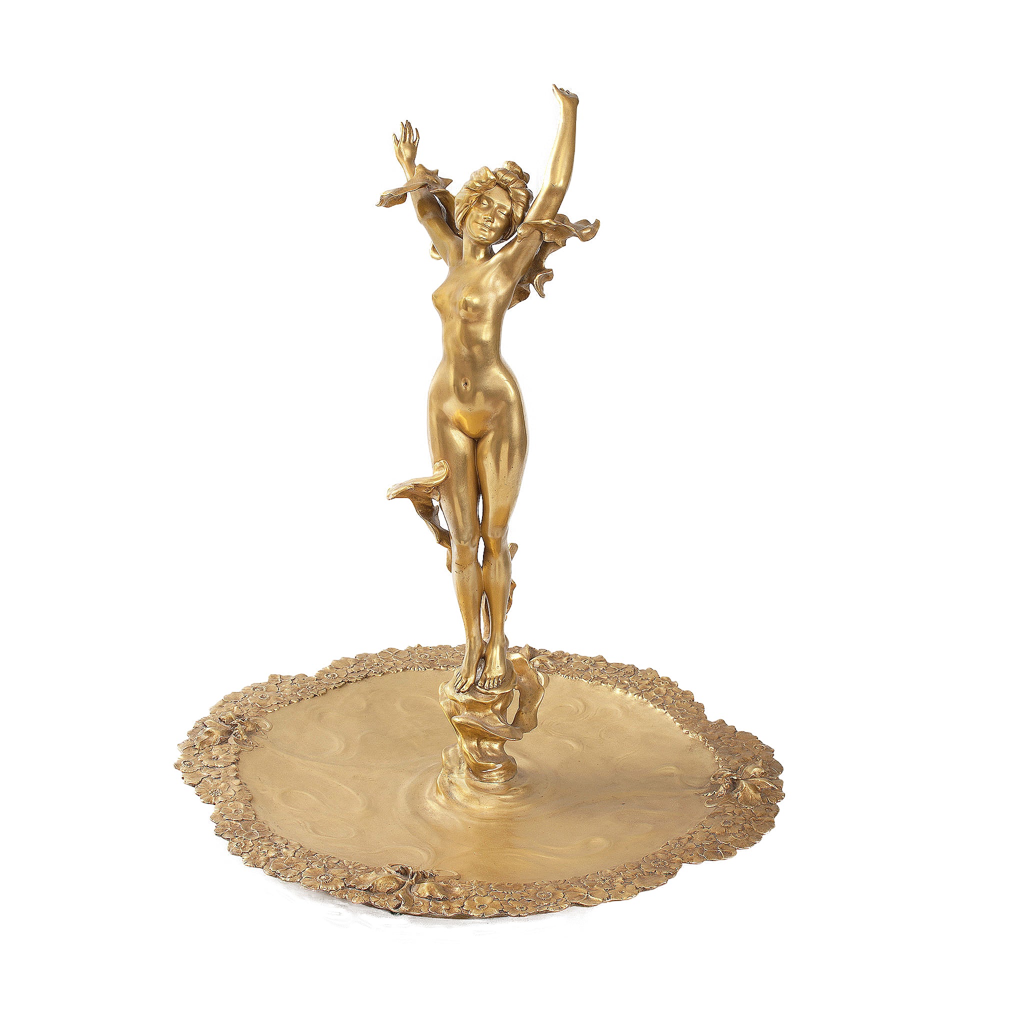 Louis Chalon Pirouetting Femme Fleur Gilt Bronze Tray - Elegant French Antique Decorative Serving Tray for Dining Table, Coffee Table, and Home Decor