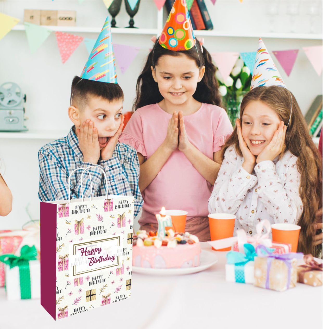 Omnipresent Pack 12-Piece Happy Birthday Printed Paper Gift Bags - 11.4x9.4x4.7 Inch Cream Colored 90 GSM - Perfect for Party Favors, Wedding Gifts & Holiday Presents