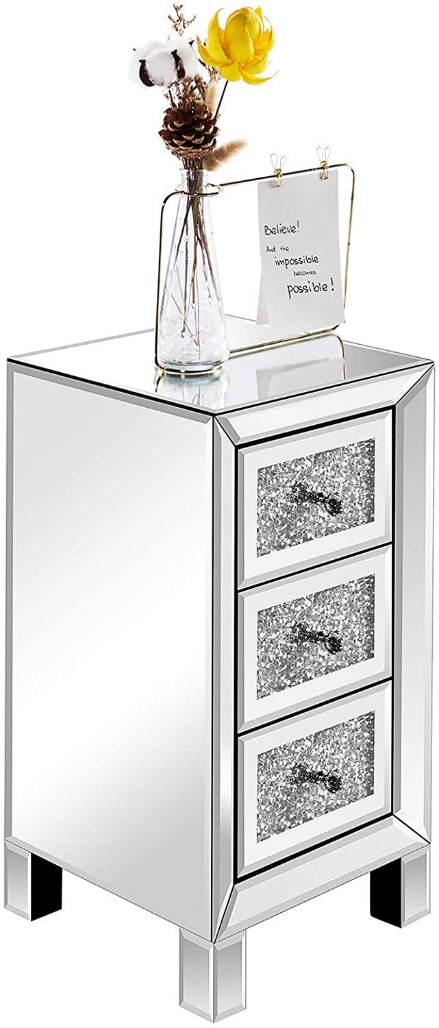 Mirrored Nightstand Set of 2 - Silver Finish Bedside Table with 3 Crushed Crystal Drawers, Elegant Accent Cabinet for Bedroom & Living Room - Perfect for Storing Jewelry, Books & Bedroom Essentials