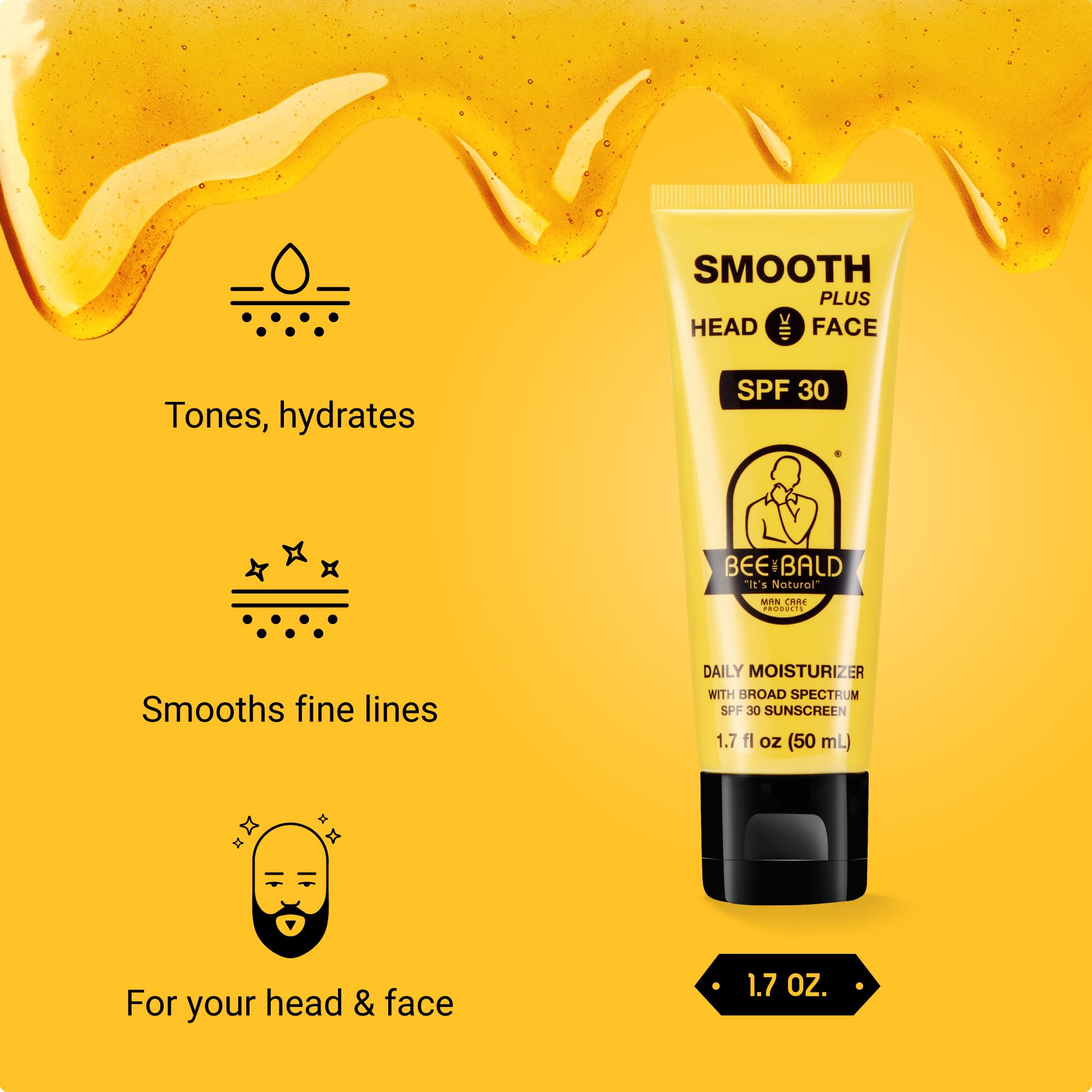 Bee Bald SMOOTH PLUS Head & Face Moisturizer with SPF 30 Sunscreen - Hydrating & Toning Lotion for Men - UVA/UVB Protection - 1.7 Fl Oz (Pack of 2) - Ideal for Daily Skincare & Post-Shave Routine