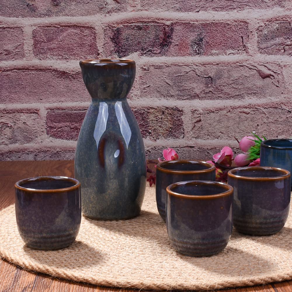 Premium Japanese Sake Set - Traditional Ceramic Sake Pot & 4 Matching Cups - Authentic Sake Drinking Experience for Home, Restaurant & Gift Giving